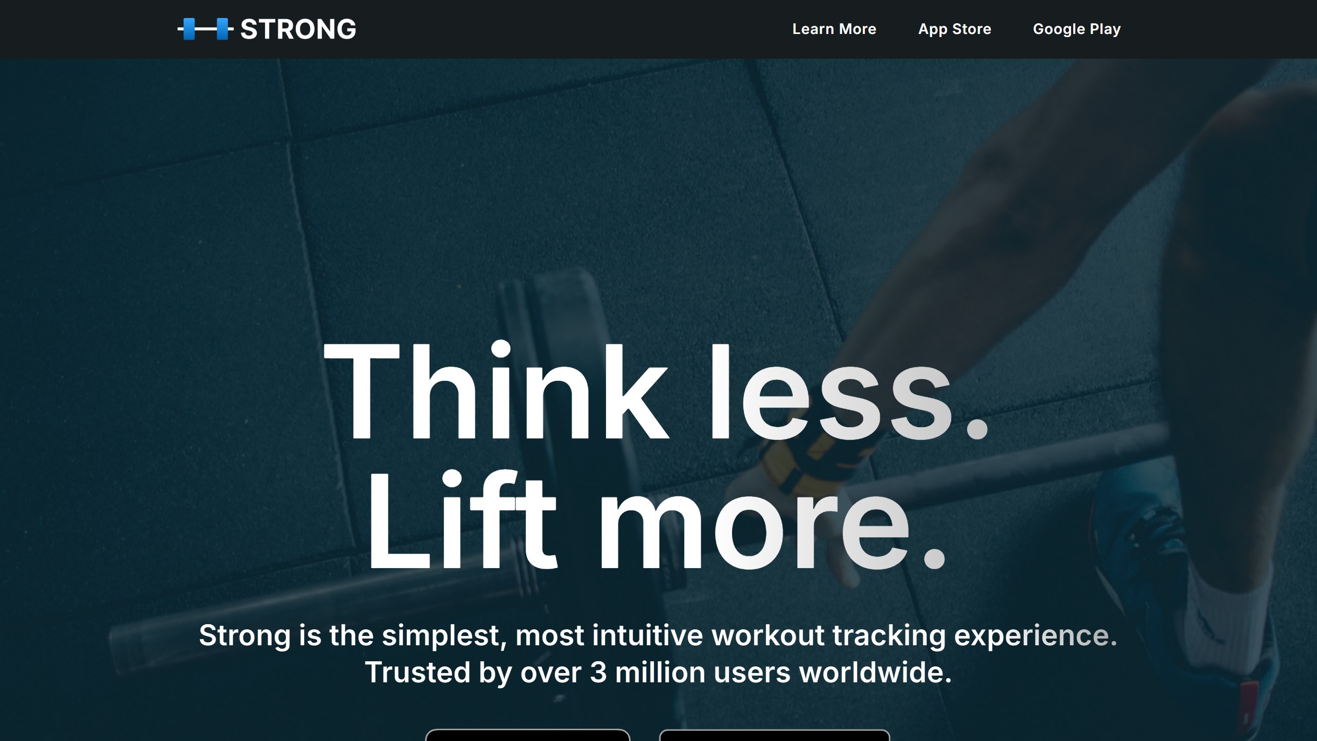 Strong homepage hero reading Think less, Lift more, trusted by over 3 million users worldwide