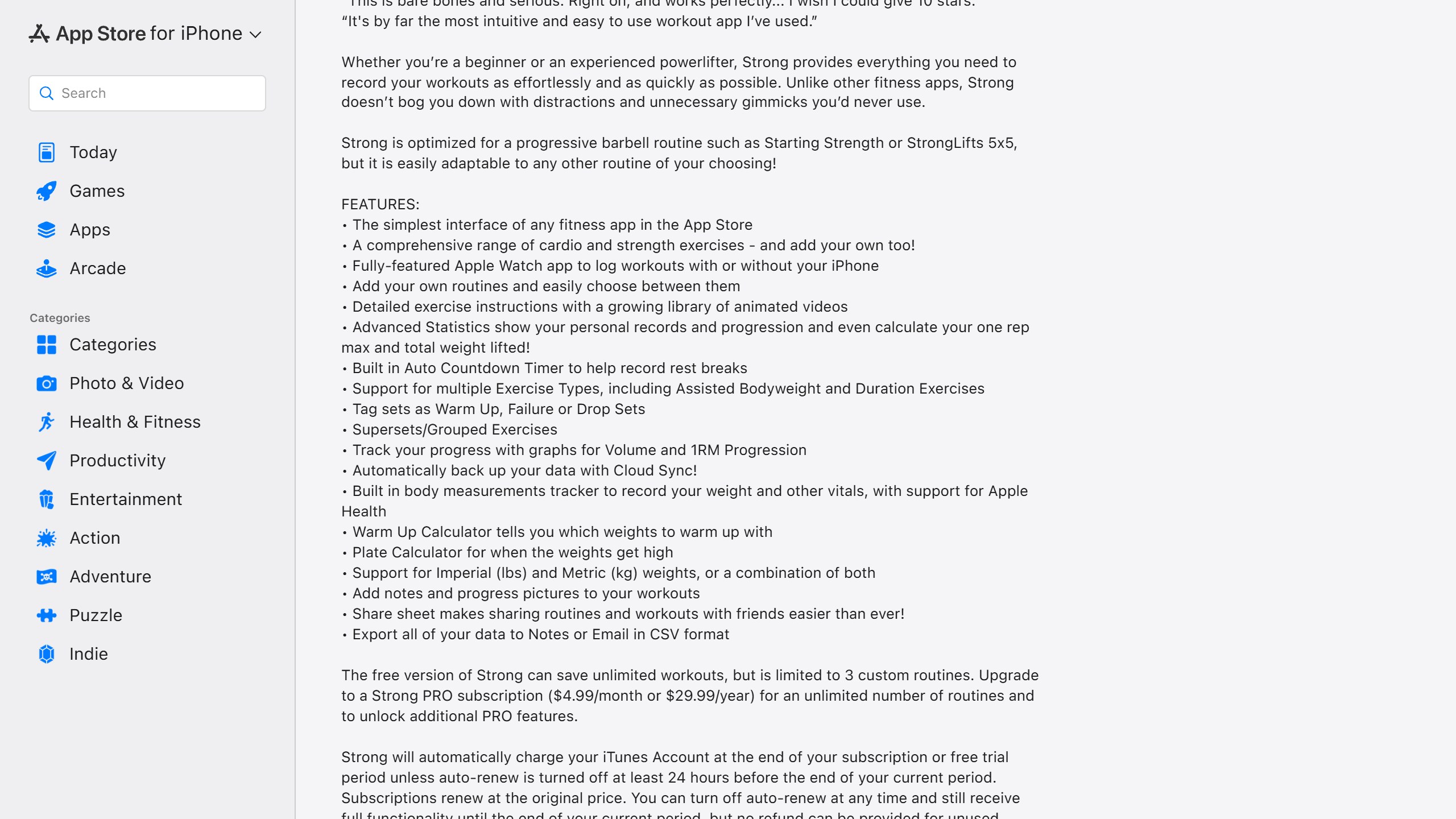 Strong US App Store listing feature list ending with the free version limited to 3 custom routines and the PRO subscription price