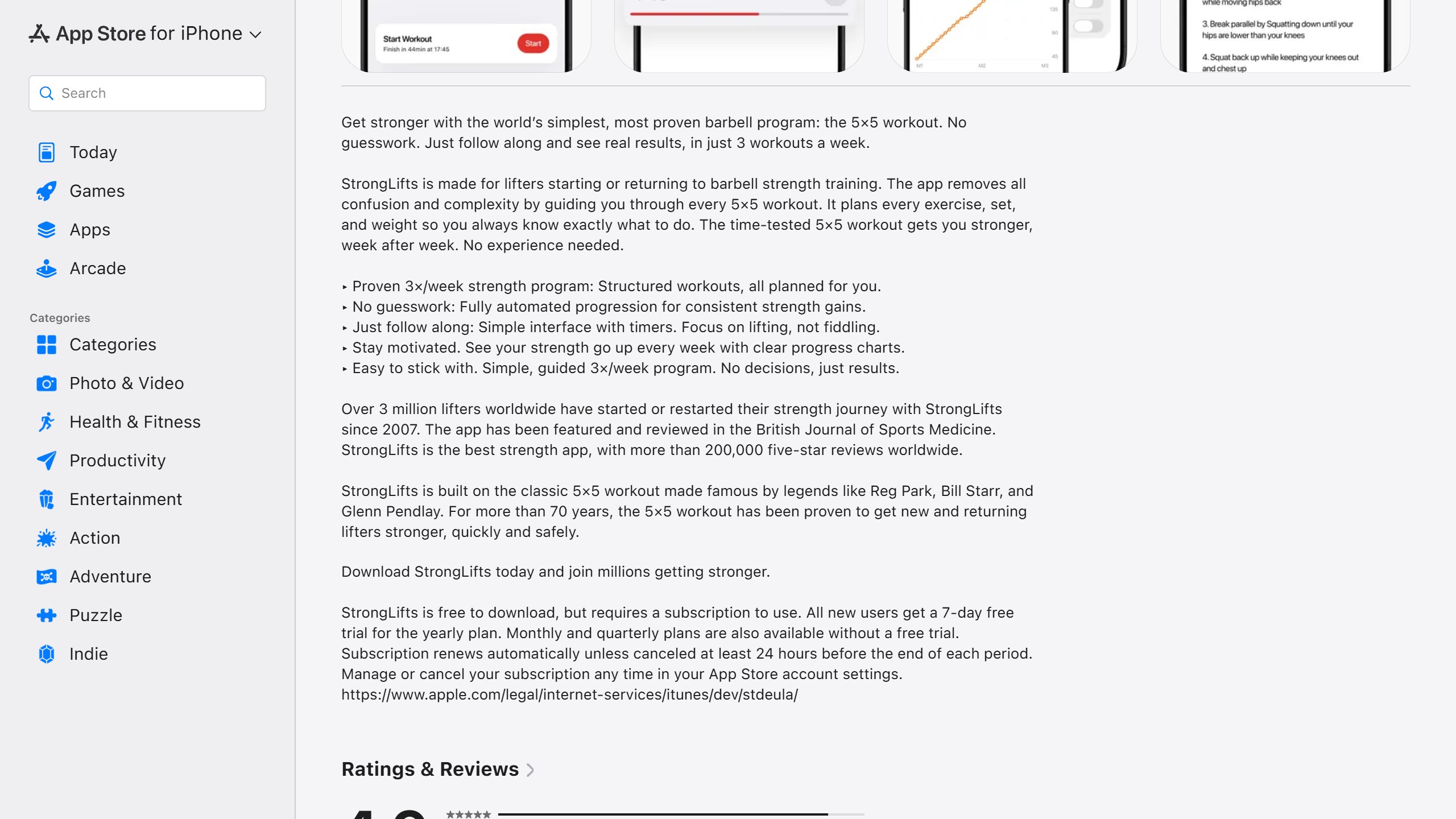 StrongLifts 5x5 US App Store listing stating StrongLifts is free to download but requires a subscription to use, with a 7-day free trial for the yearly plan