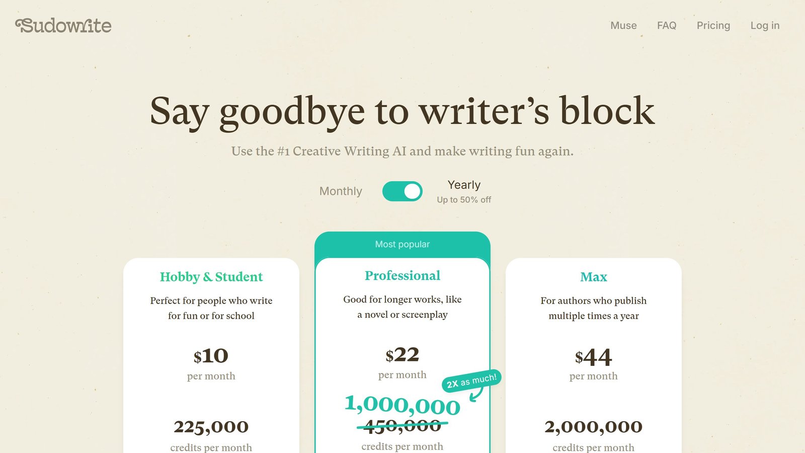 Sudowrite pricing page as published on 5 September 2026