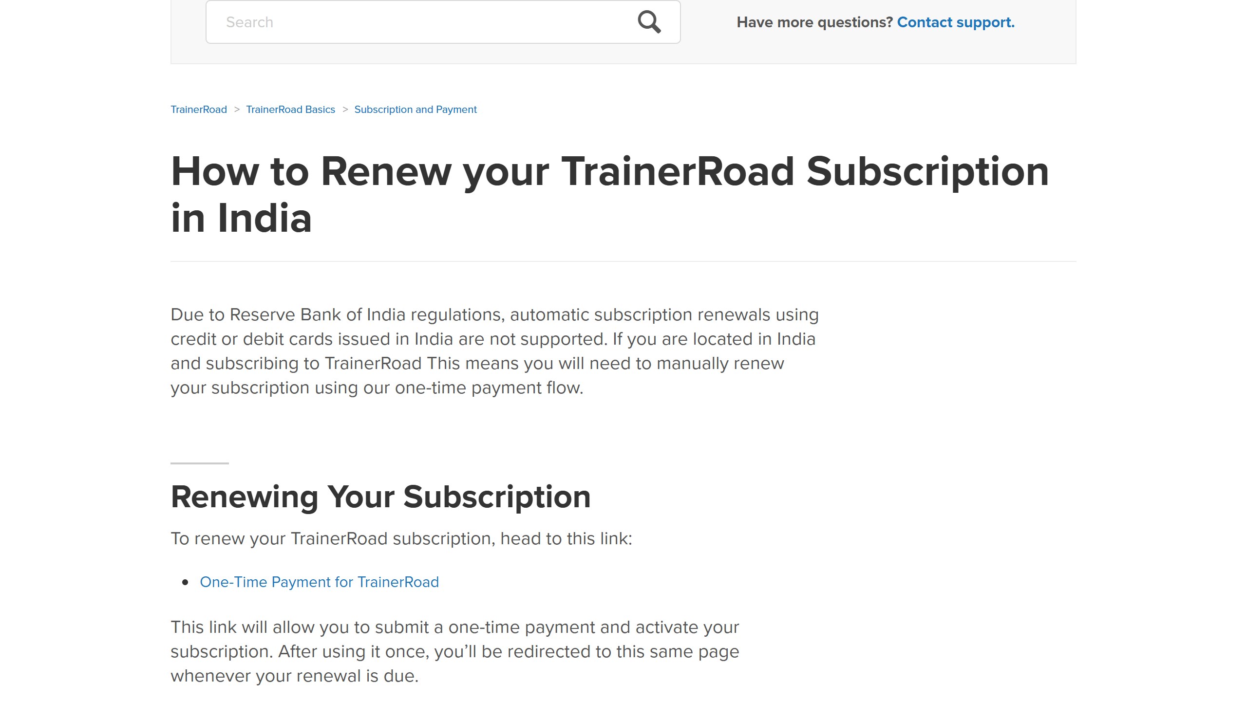 TrainerRoad help centre article How to Renew your TrainerRoad Subscription in India, explaining that Reserve Bank of India rules block automatic renewals on Indian cards