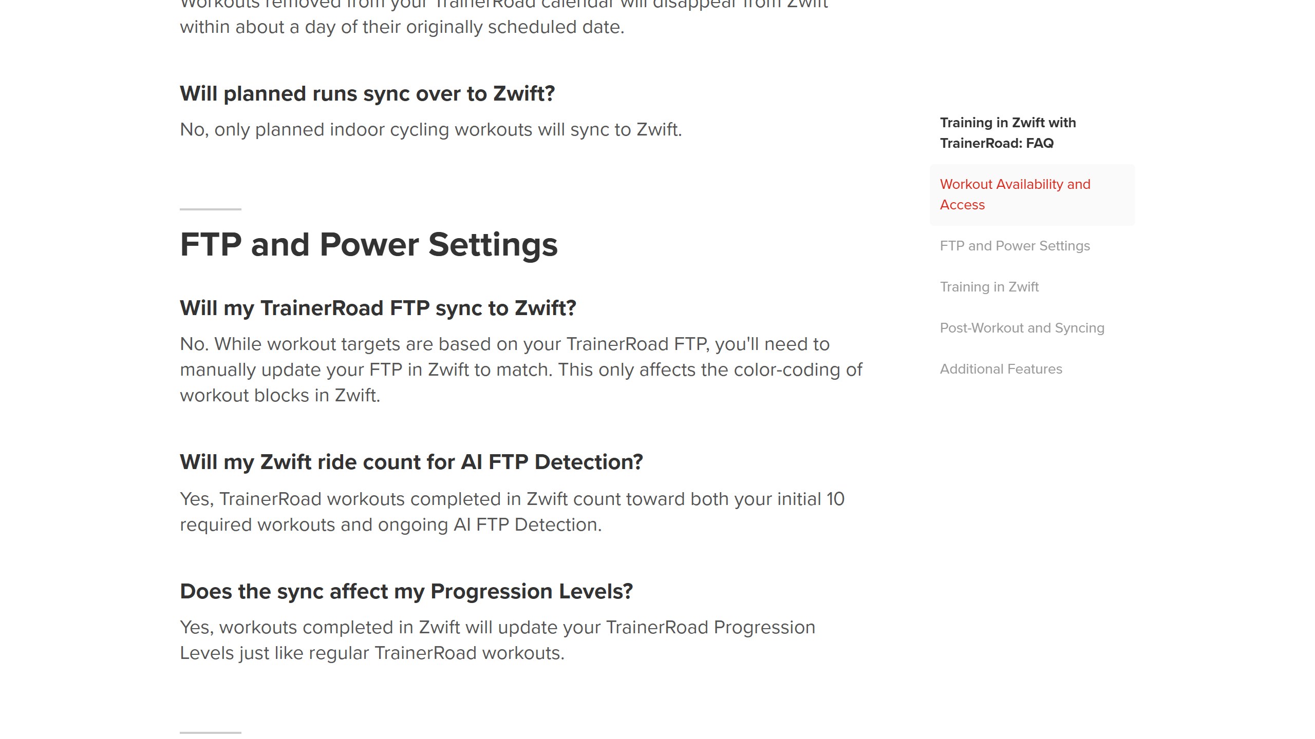 TrainerRoad help centre Zwift FAQ explaining that only indoor cycling workouts sync, FTP does not sync to Zwift, and Zwift rides count toward AI FTP Detection