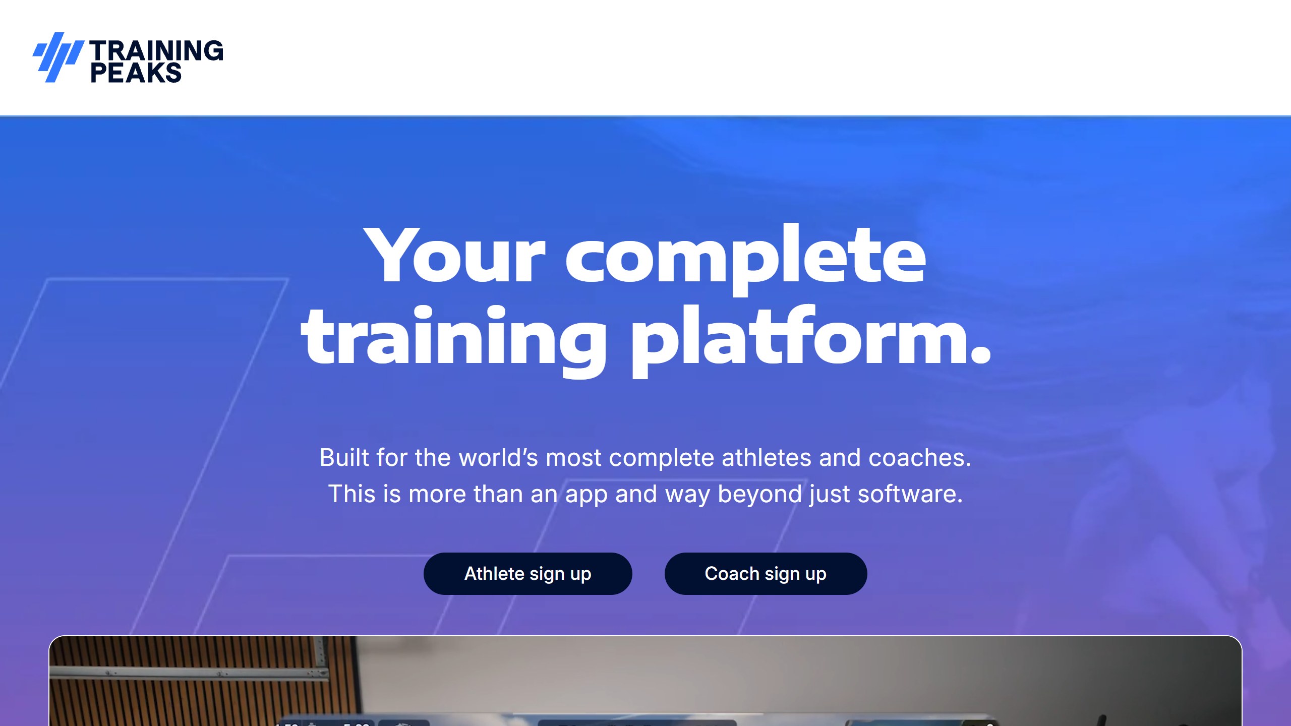 TrainingPeaks homepage headline Your complete training platform, with athlete and coach sign-up buttons