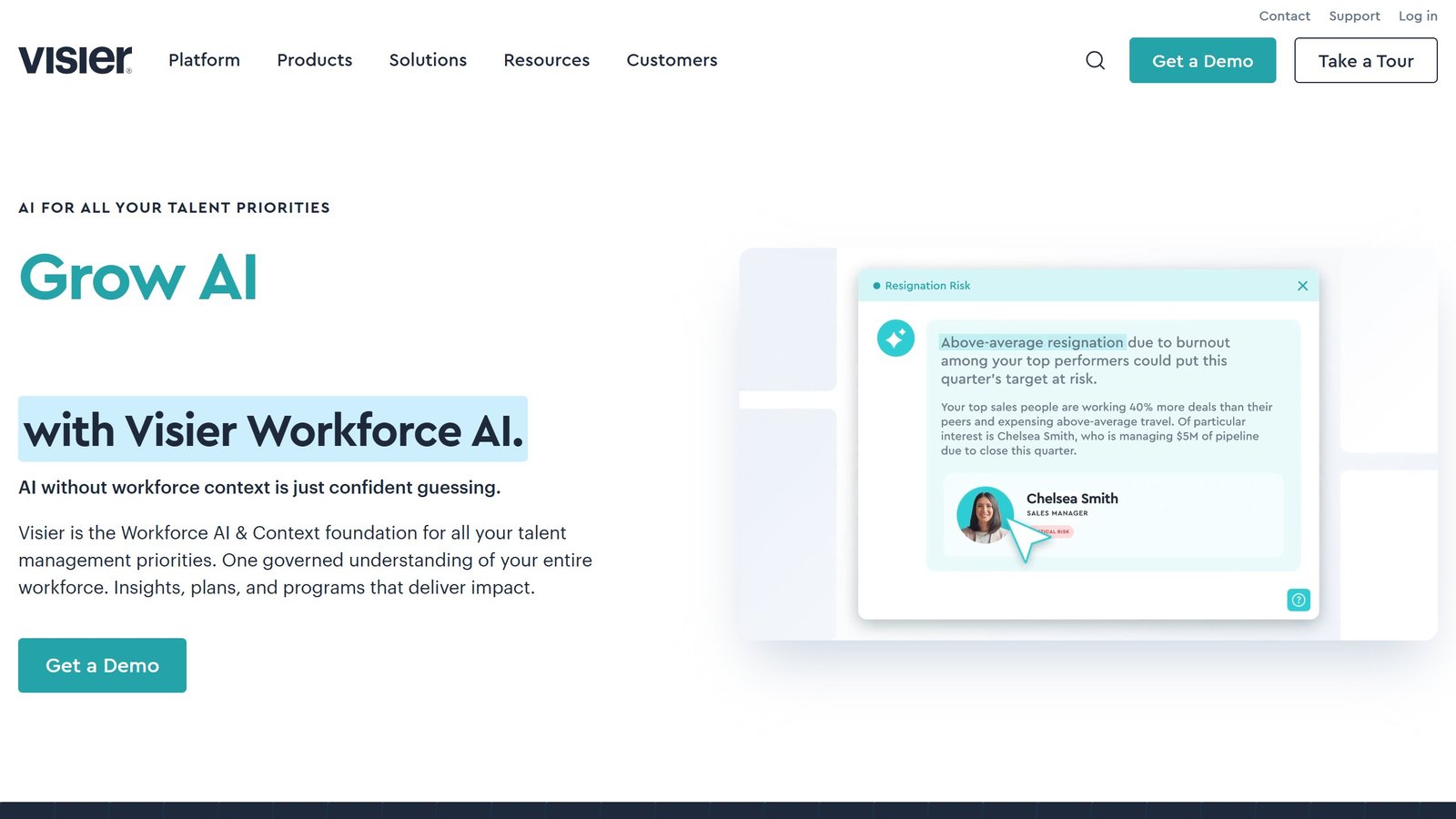 Visier homepage describing the platform as a Workforce AI and Context foundation for talent management