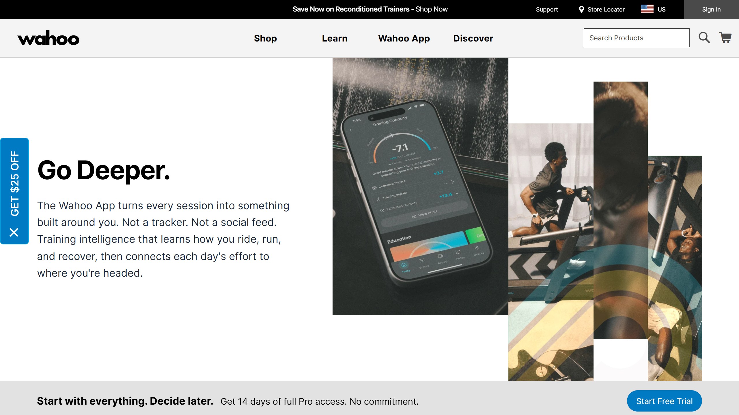 Wahoo App Membership page headline Go Deeper, with a banner offering 14 days of full Pro access