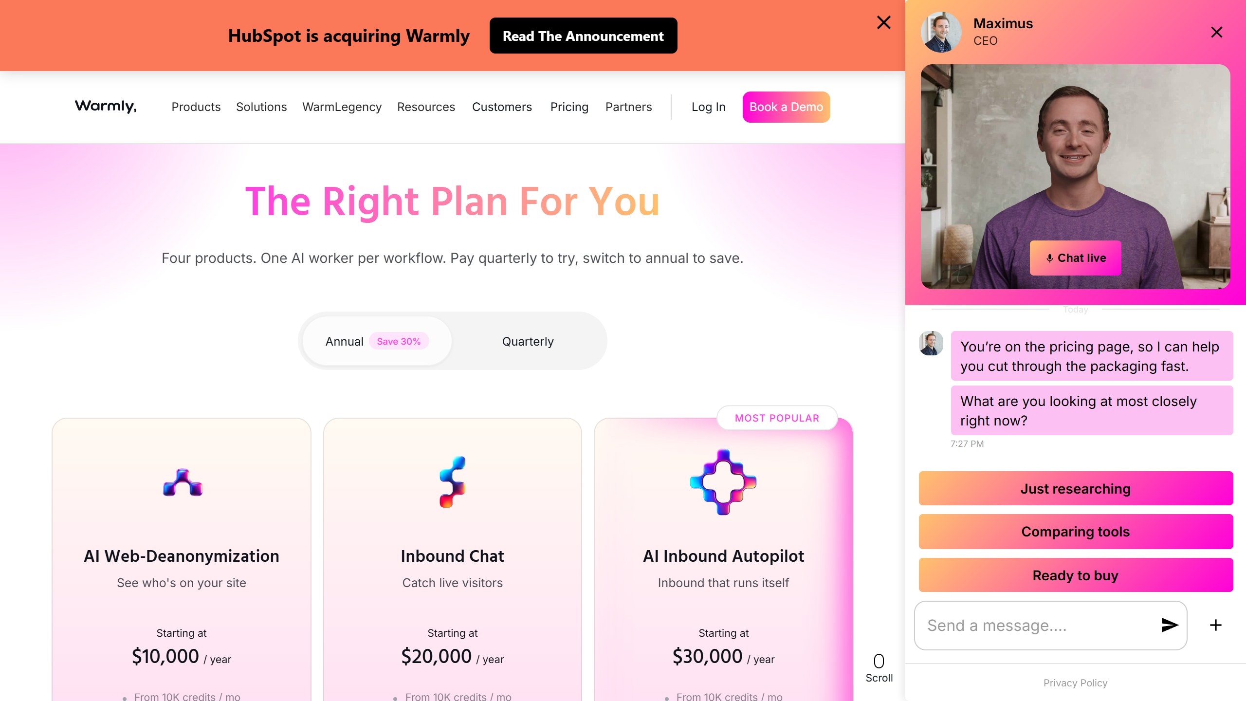 Warmly pricing page as published on 4 September 2026