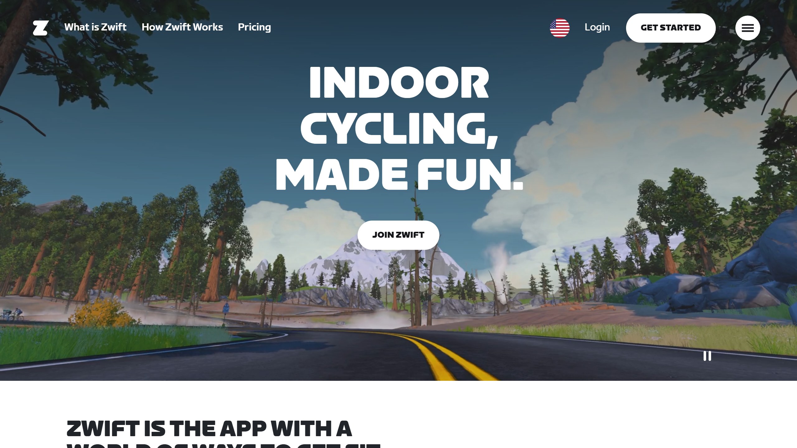 Zwift homepage hero reading Indoor Cycling, Made Fun, over a virtual road through a forest