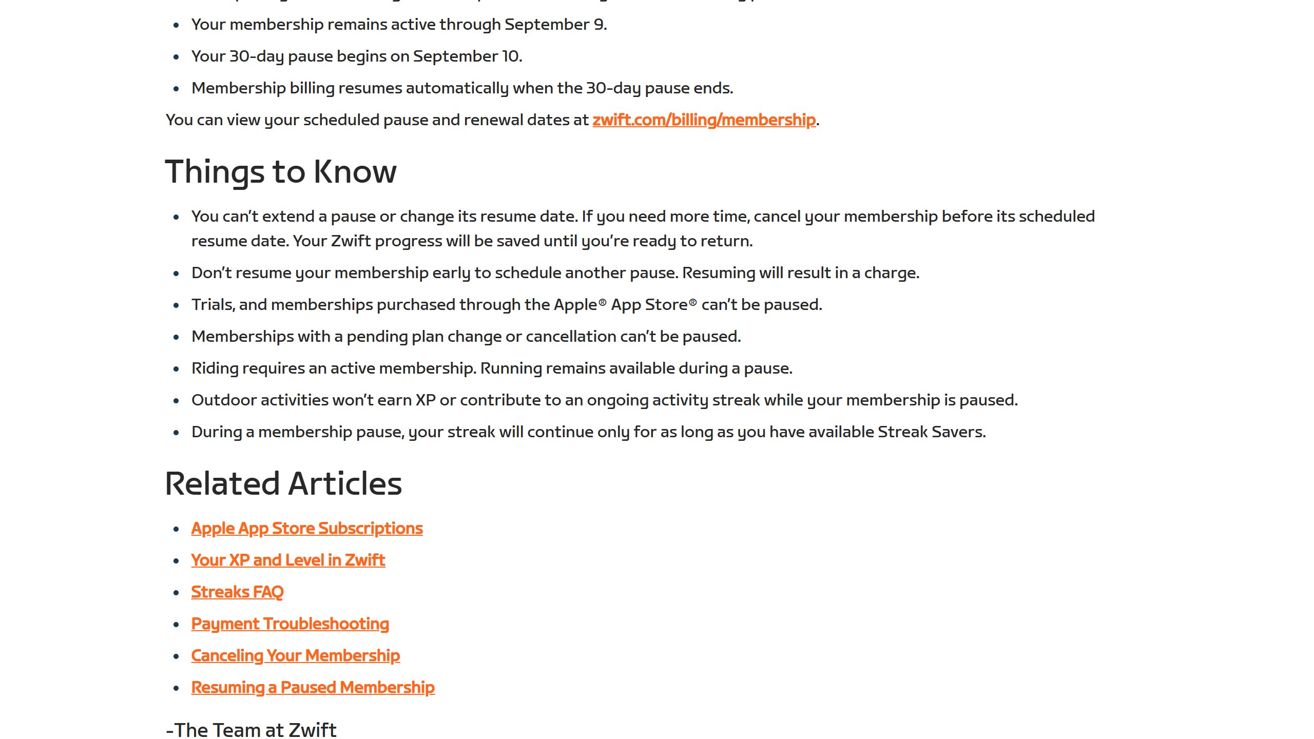 Zwift help article on pausing a membership, listing that trials and Apple App Store memberships cannot be paused and that running remains available during a pause