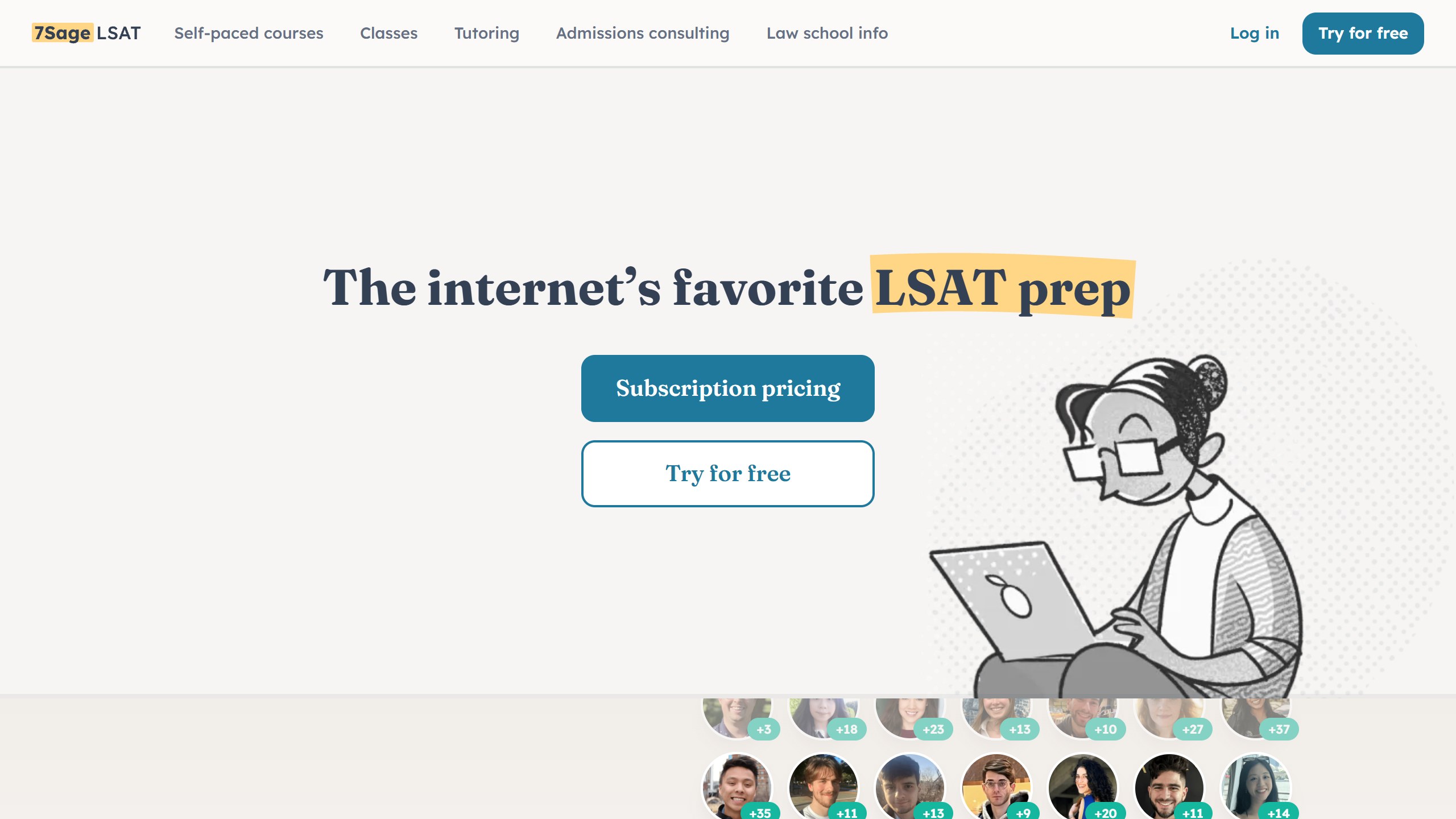 7Sage LSAT homepage headline The internet's favorite LSAT prep, with Subscription pricing and Try for free buttons beside an illustration of a student at a laptop