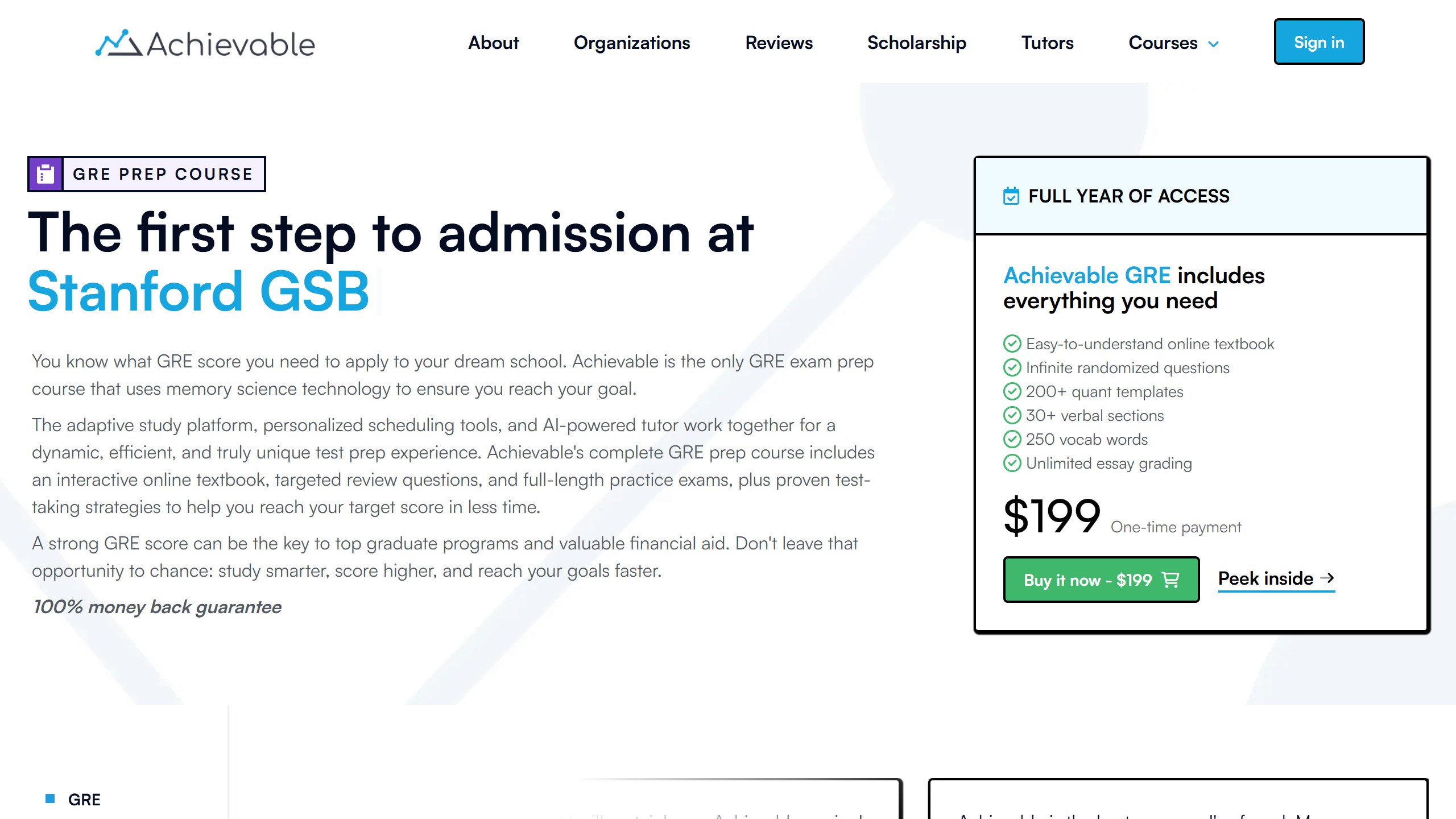 Achievable GRE prep course page with a Full year of access box listing an online textbook, infinite randomized questions, 200+ quant templates and unlimited essay grading for a one-time 199 dollars