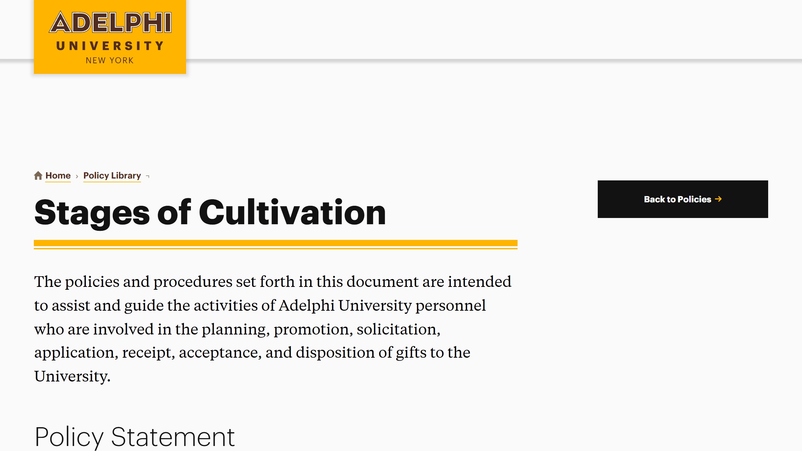 Adelphi University Policy Library page Stages of Cultivation, opening with the purpose of the policies and procedures for staff involved in soliciting and accepting gifts