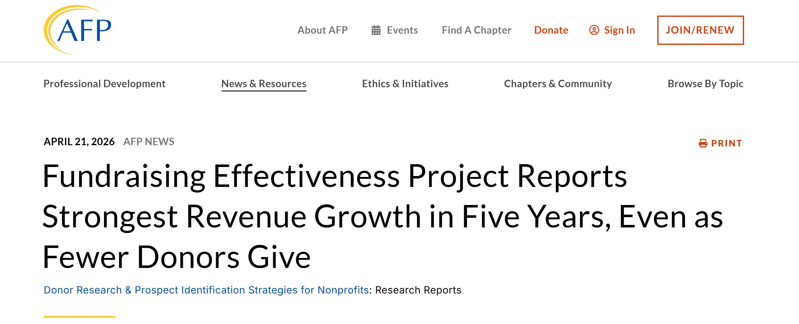 AFP news release dated April 21, 2026, headlined Fundraising Effectiveness Project Reports Strongest Revenue Growth in Five Years, Even as Fewer Donors Give