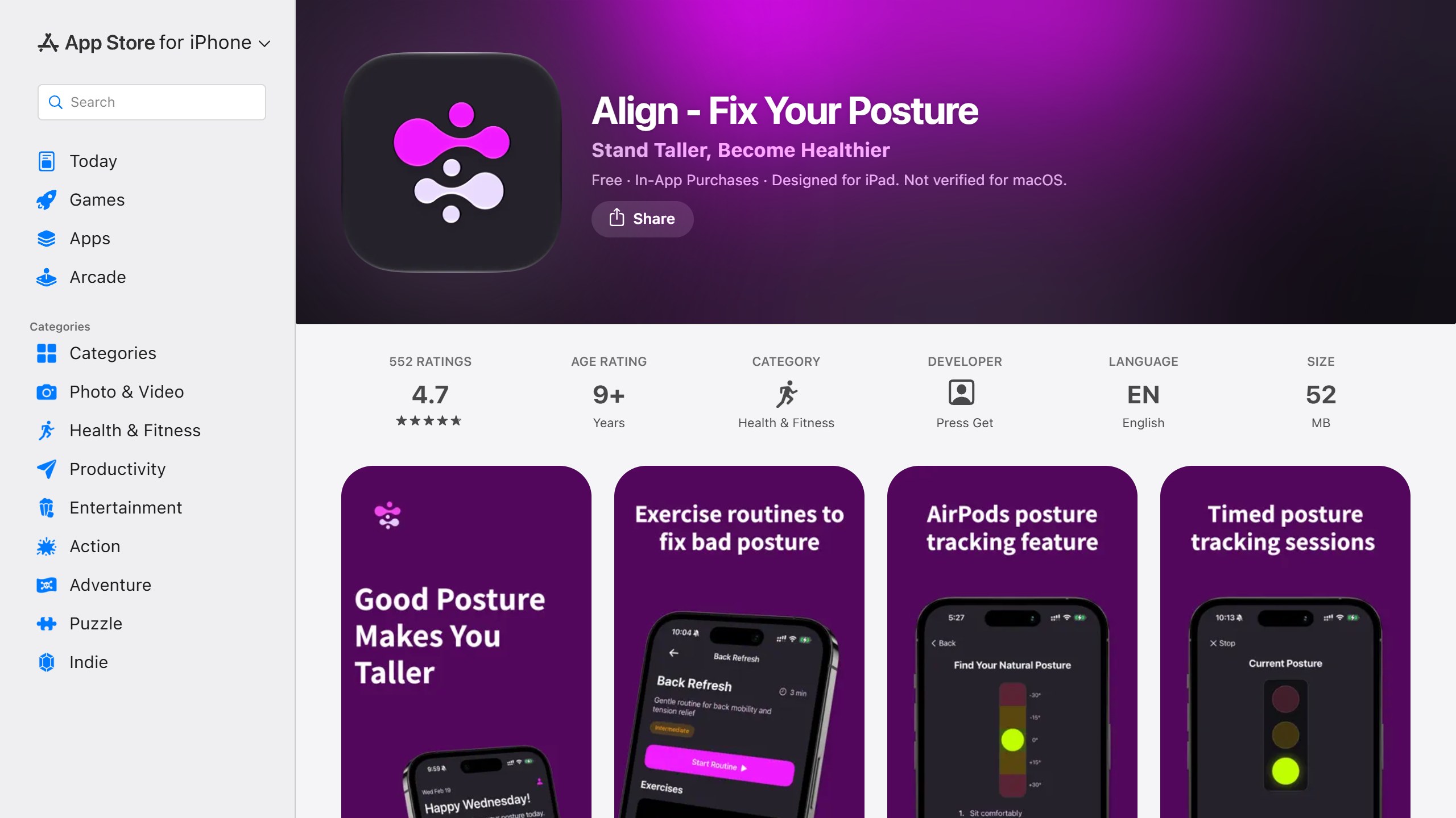US App Store listing for Align, Fix Your Posture, rated 4.7 from 552 ratings, with screenshots of exercise routines, AirPods posture tracking and timed posture sessions