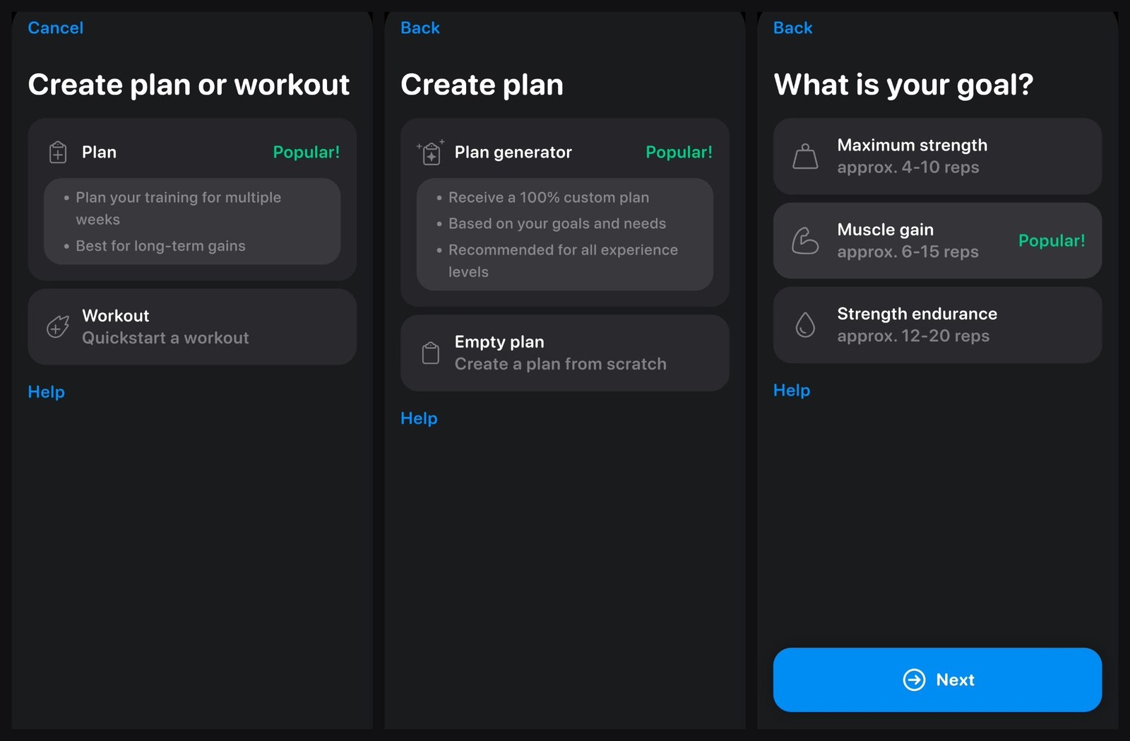 Create plan or workout, the plan generator, and the three goals with their rep ranges
