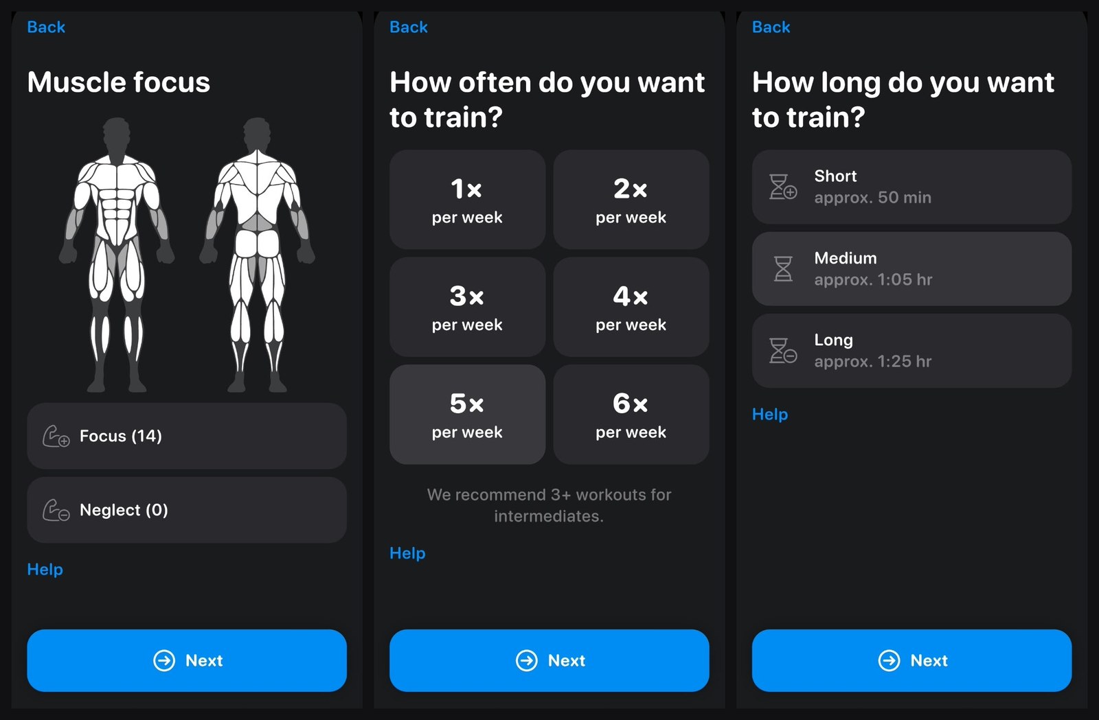 Muscle focus body map, training frequency and session length