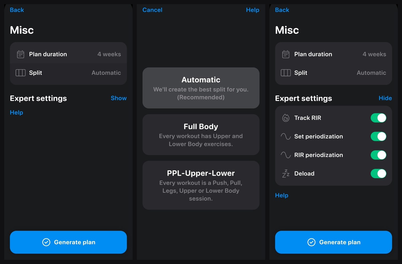 Plan duration and split, the three split options, and expert settings with all four switches on