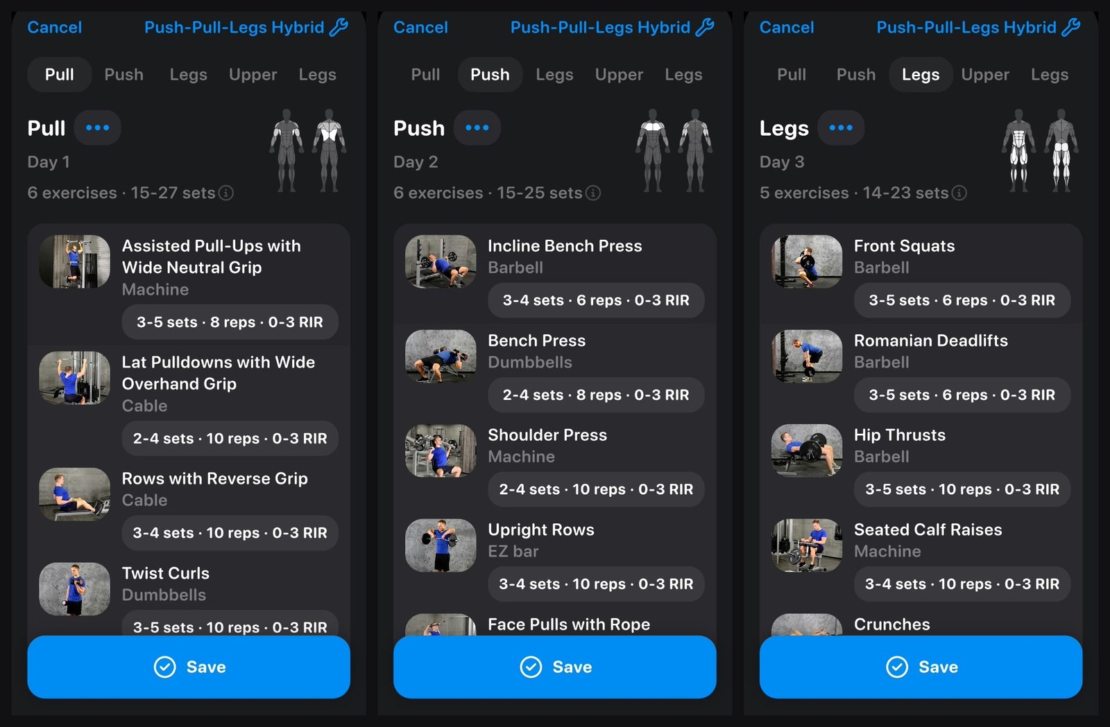 Generated Push-Pull-Legs Hybrid: Pull, Push and Legs days with sets, reps and RIR