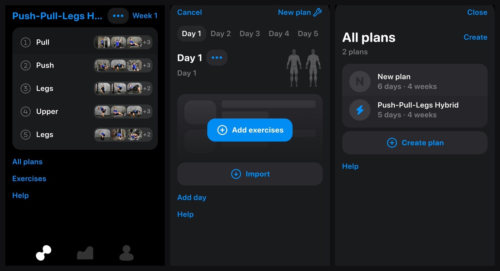The generated five-day plan, an empty plan ready for exercises, and the plans list