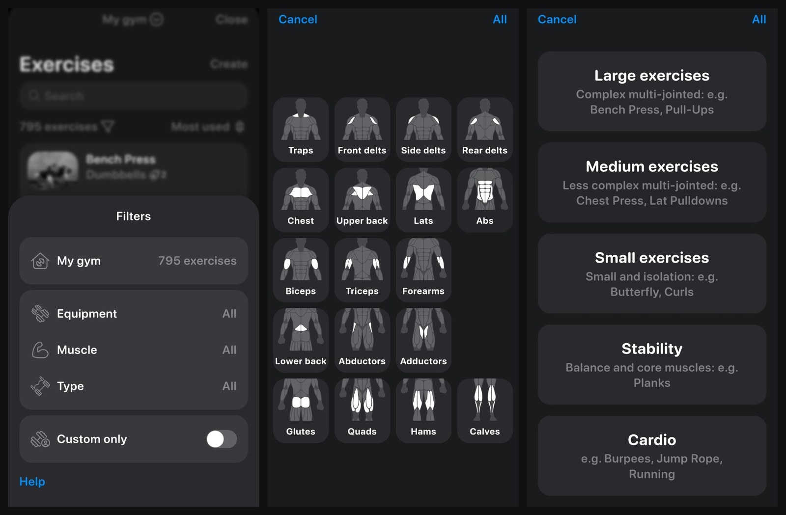 Filters screen, the 18-muscle filter and the exercise type filter