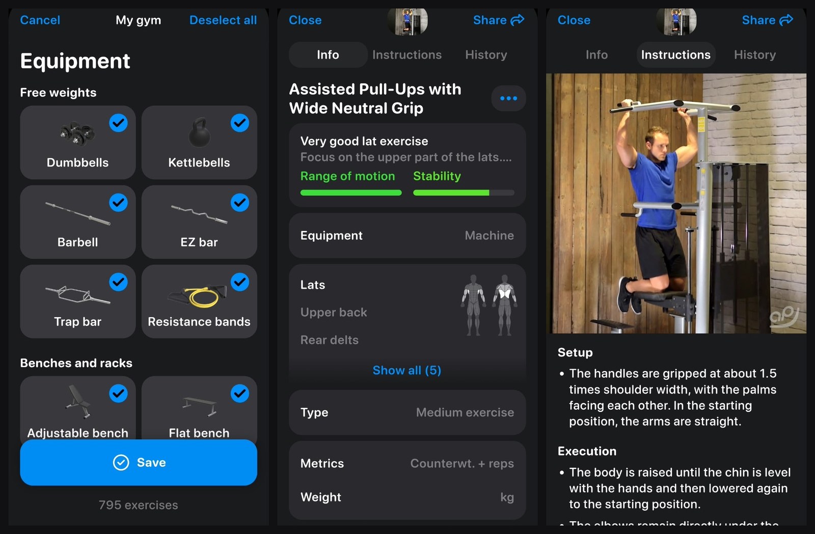 Equipment setup for a gym, an exercise’s Info tab and its instructions with a demo video