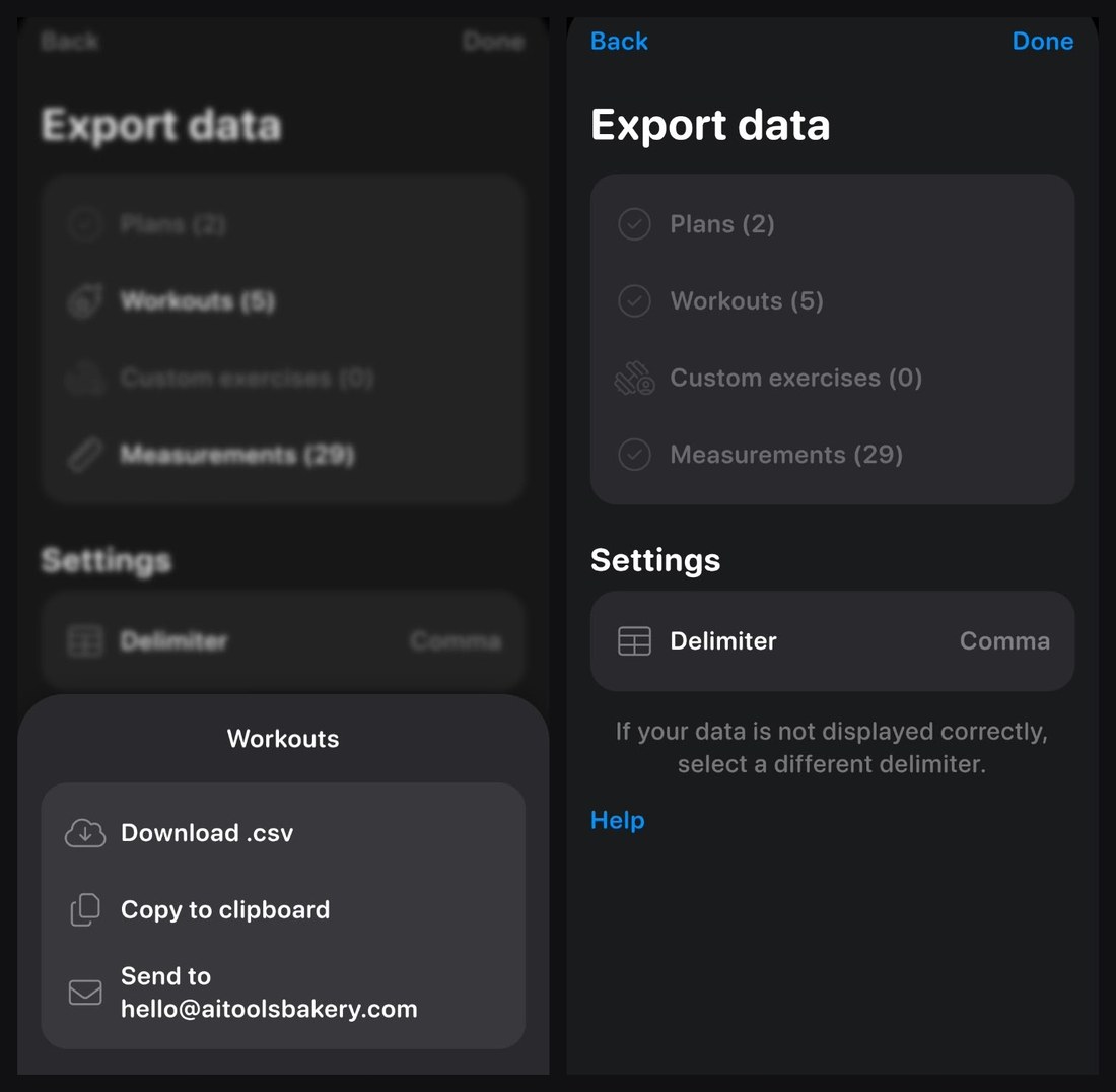 Export options for workouts, and the export screen after downloading