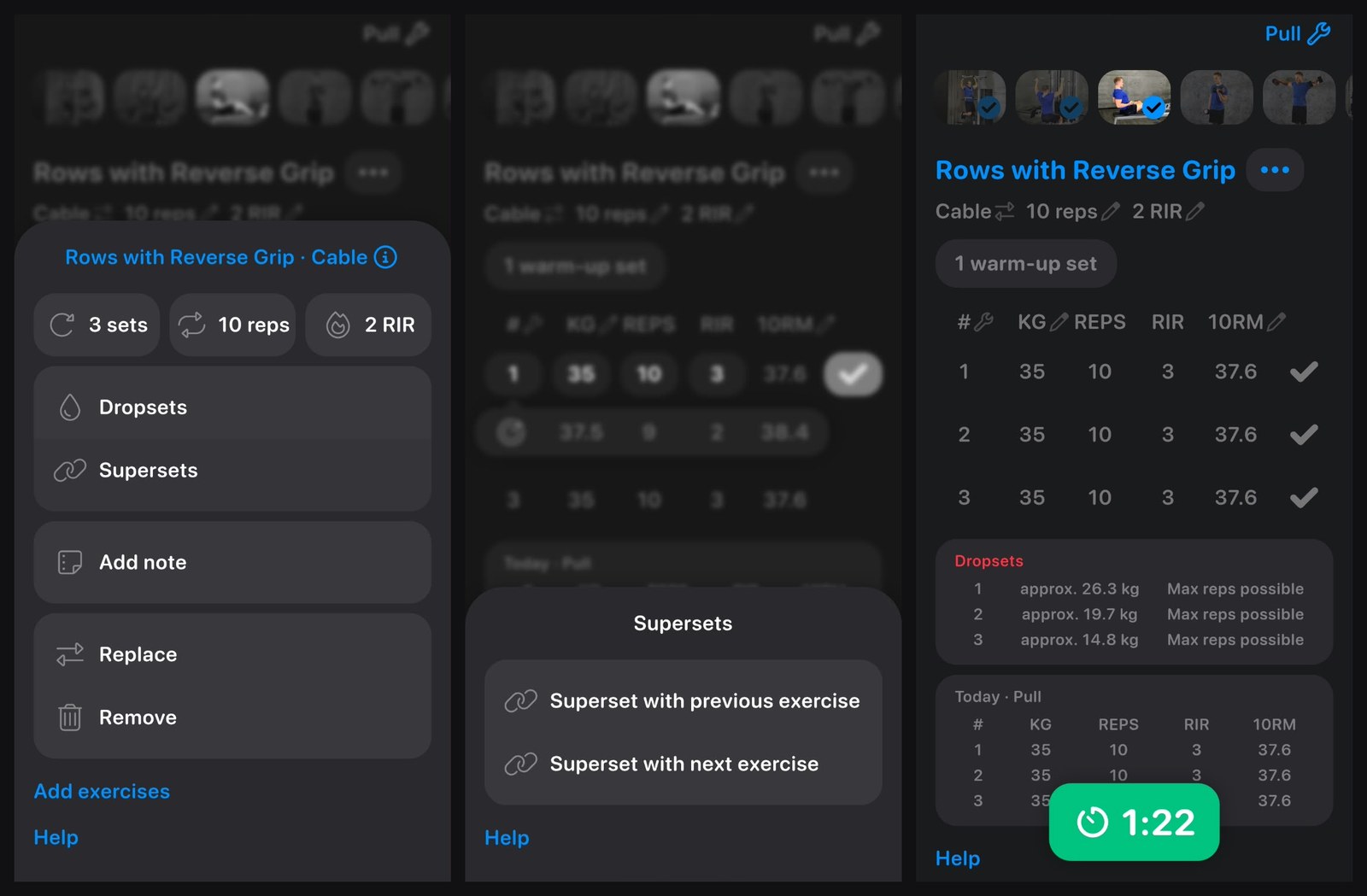 Exercise menu with dropsets and supersets, the superset options, and the dropset weights for rows