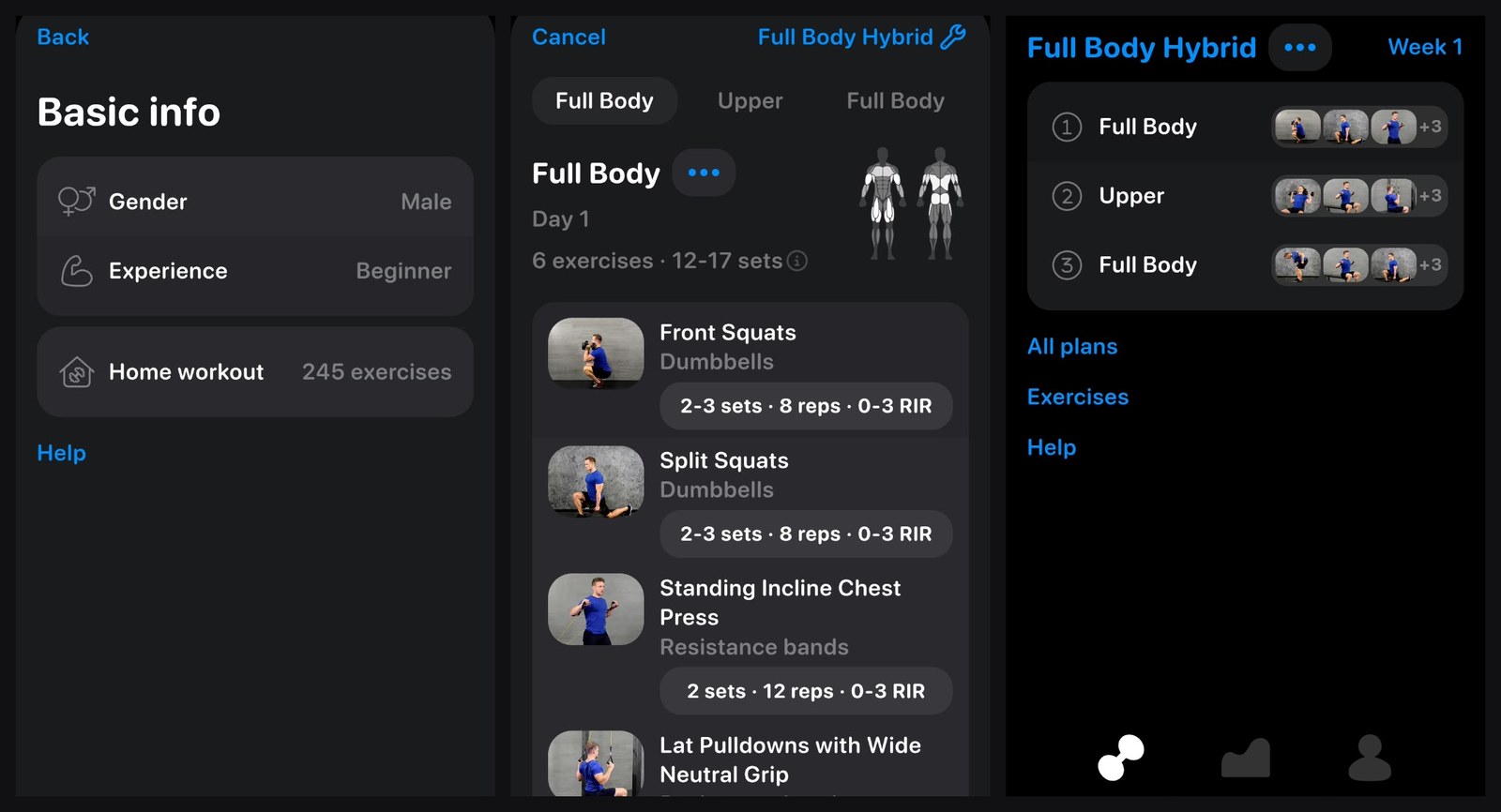 Beginner settings for the home gym with 245 exercises, a generated Full Body day, and the three-day home plan