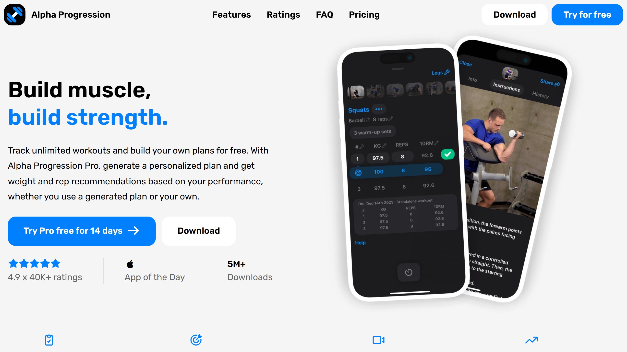 Alpha Progression homepage: build muscle, build strength, with the 14-day Pro trial