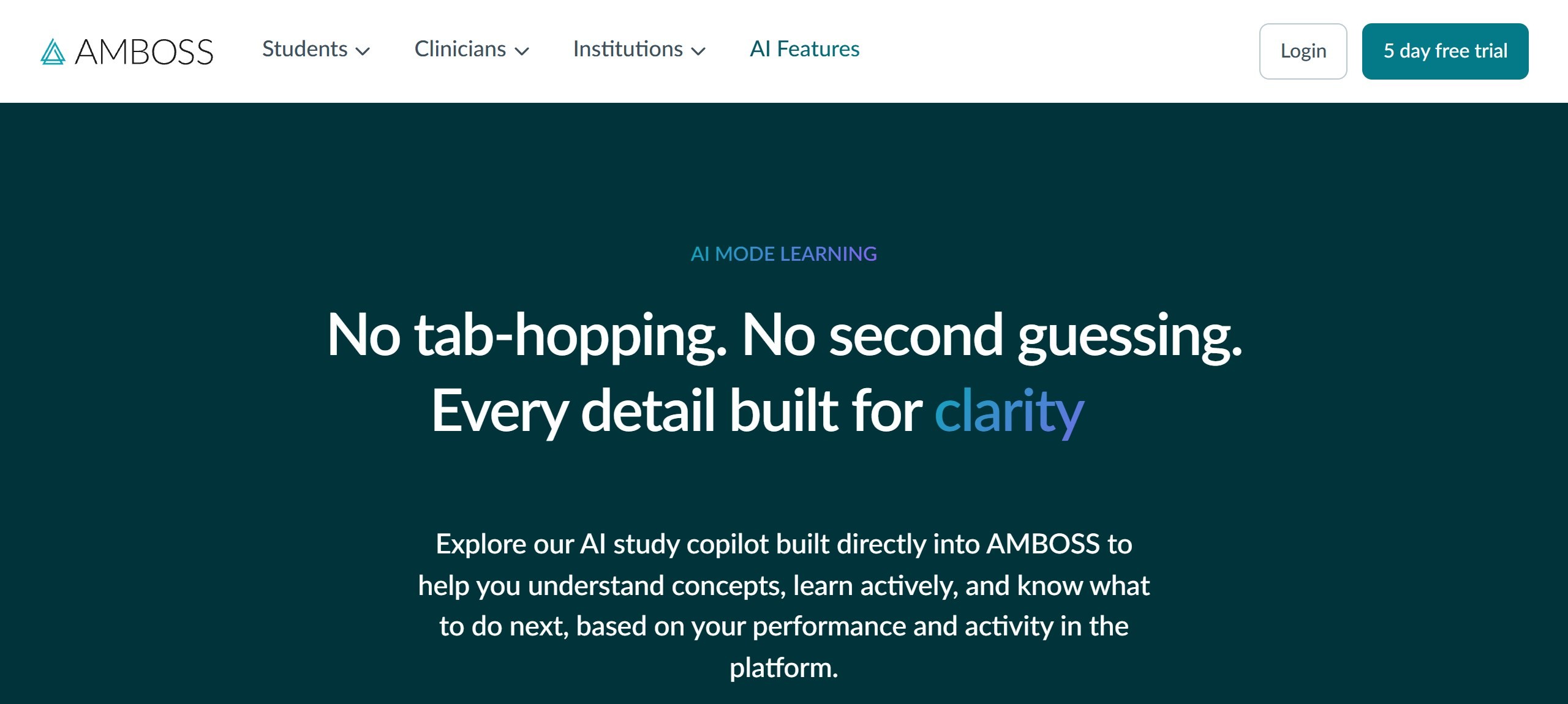 AMBOSS AI Mode Learning page headline No tab-hopping, No second guessing, Every detail built for clarity, describing an AI study copilot built into AMBOSS