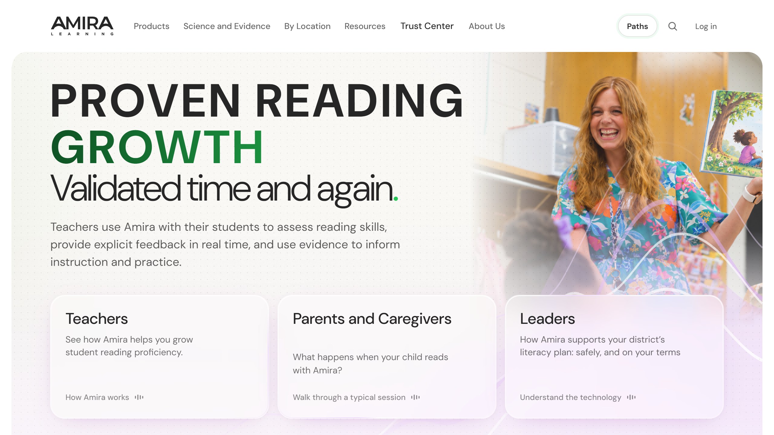 Amira Learning homepage headline Proven Reading Growth. Validated time and again, with sections for teachers, parents and caregivers, and district leaders