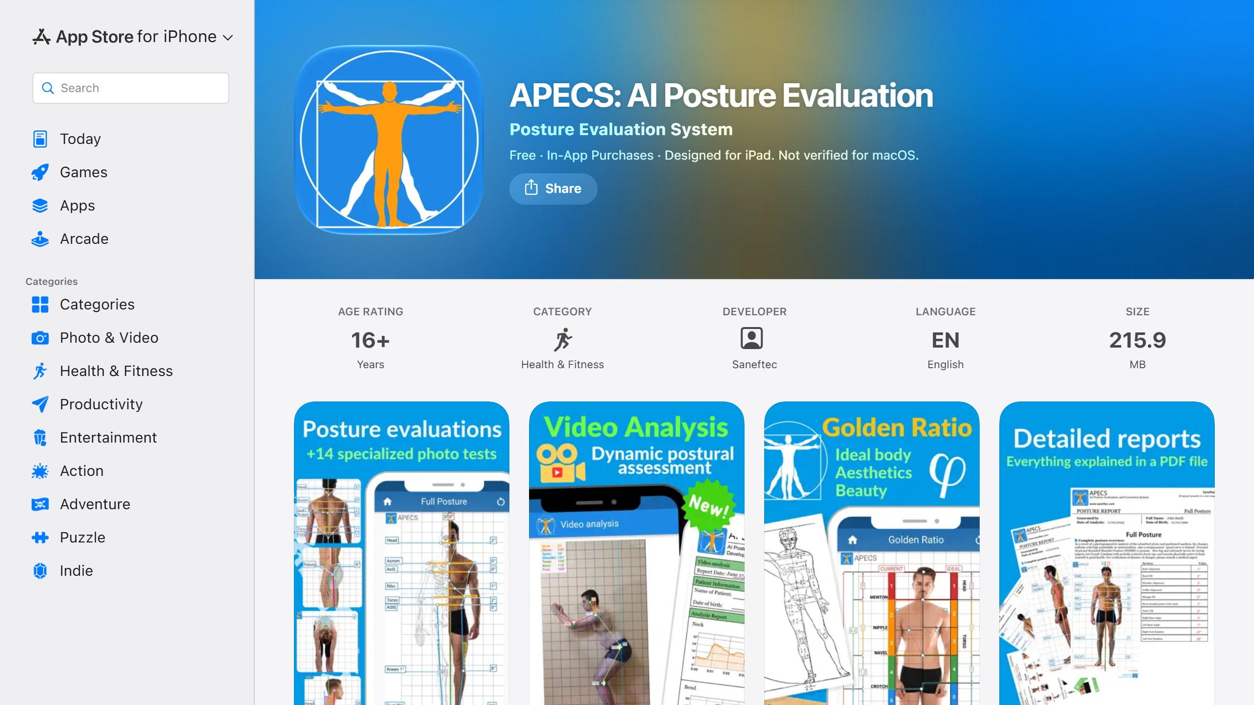 US App Store listing for APECS: AI Posture Evaluation by Saneftec, free with in-app purchases, with screenshots of posture photo tests, video analysis and PDF reports