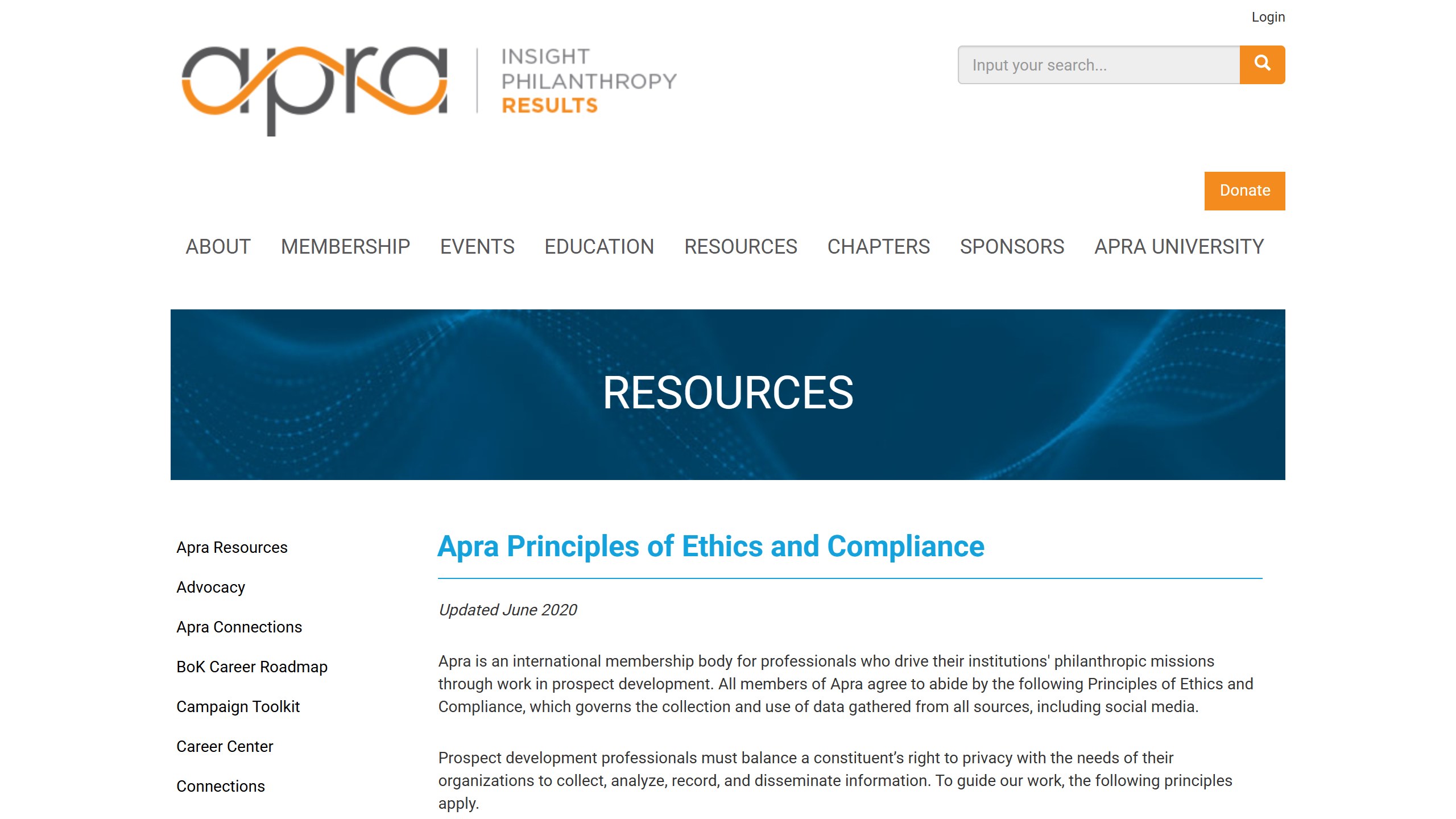 Apra Principles of Ethics and Compliance page, updated June 2020, describing Apra as an international membership body for prospect development professionals