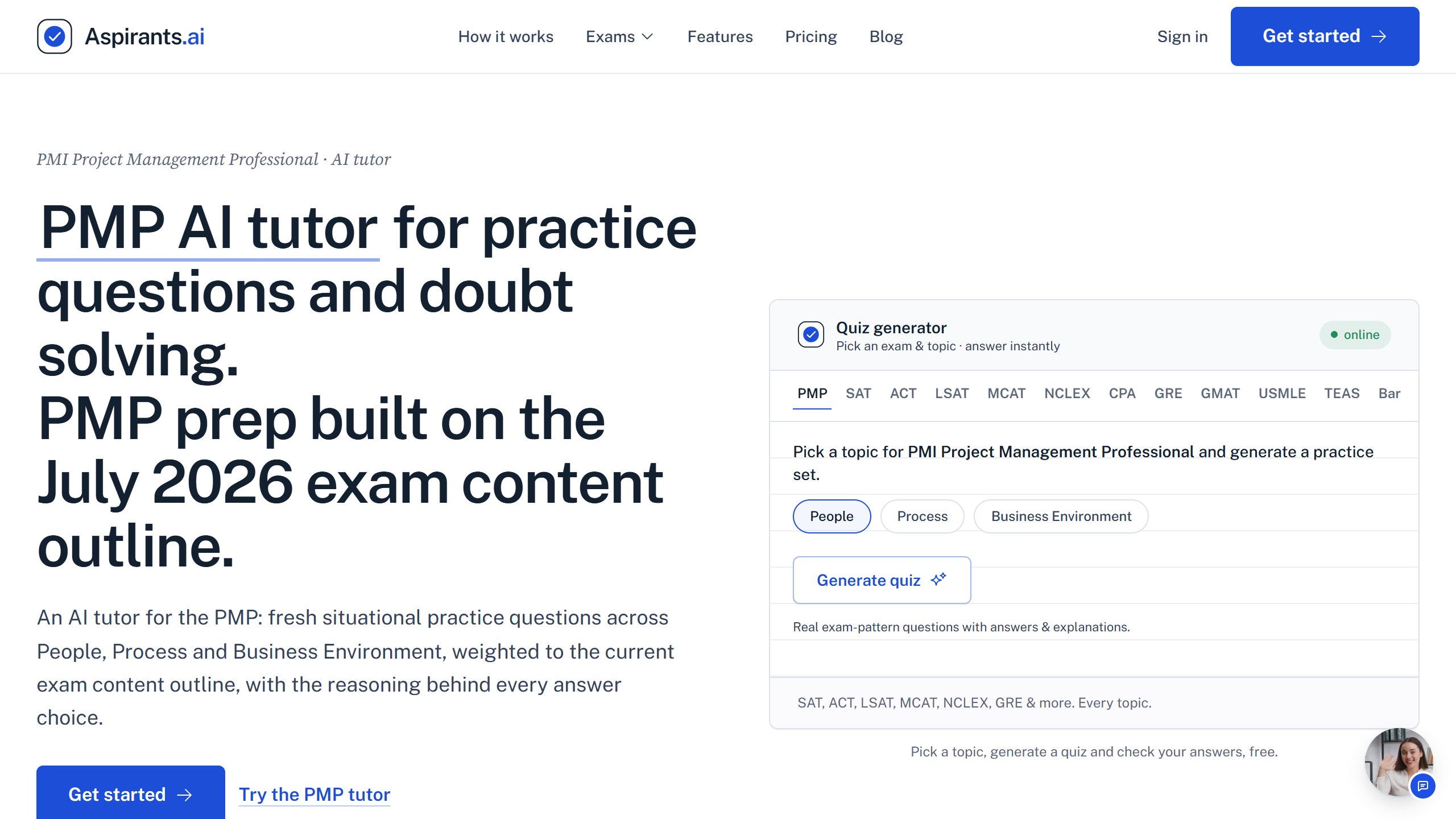Aspirants.ai PMP page headline PMP AI tutor for practice questions and doubt solving, PMP prep built on the July 2026 exam content outline, beside a quiz generator with People, Process and Business Environment topics