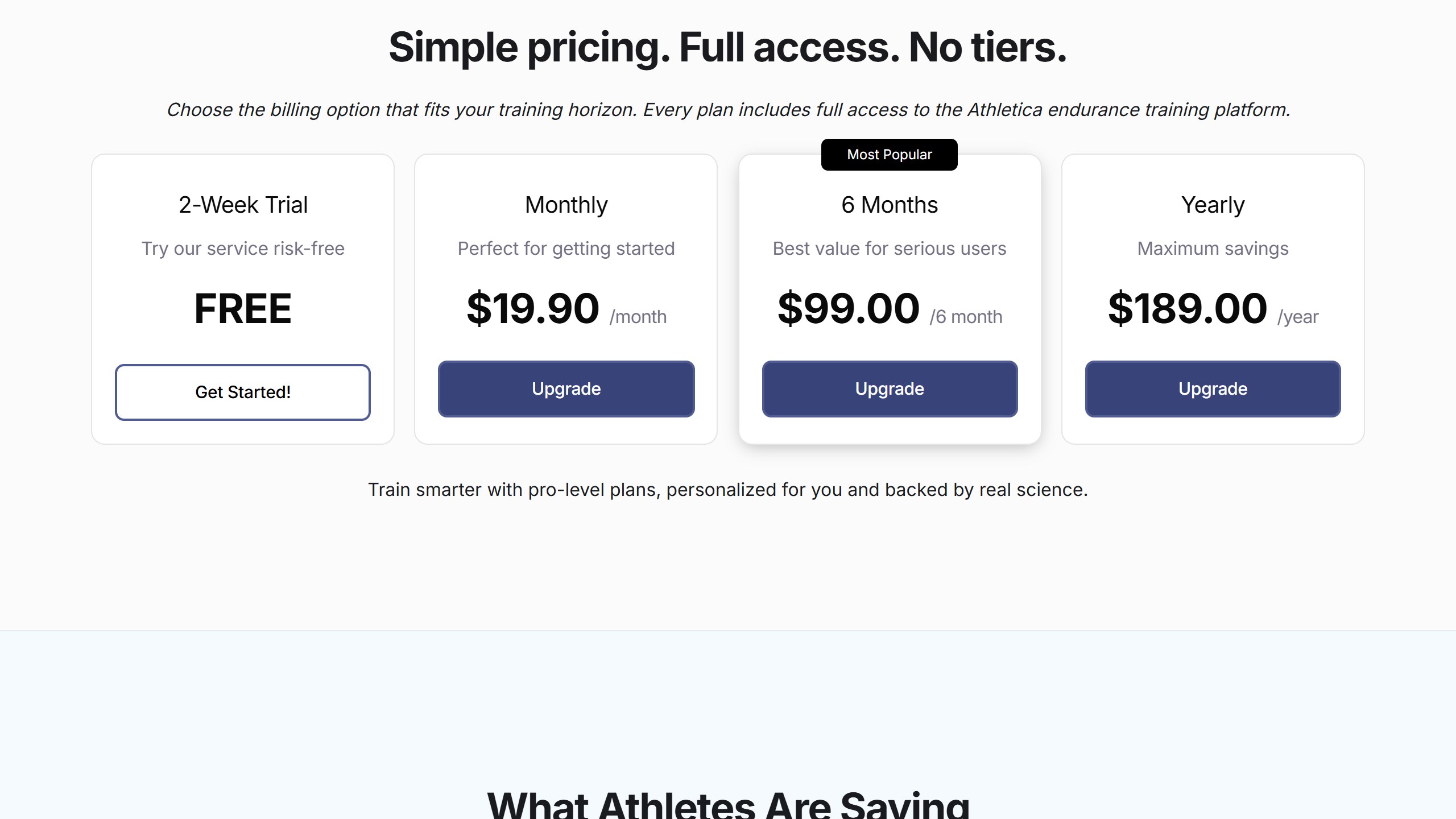 Athletica pricing: a free 2-week trial, Monthly at 19.90 dollars, 6 months at 99 dollars and Yearly at 189 dollars, each with full platform access