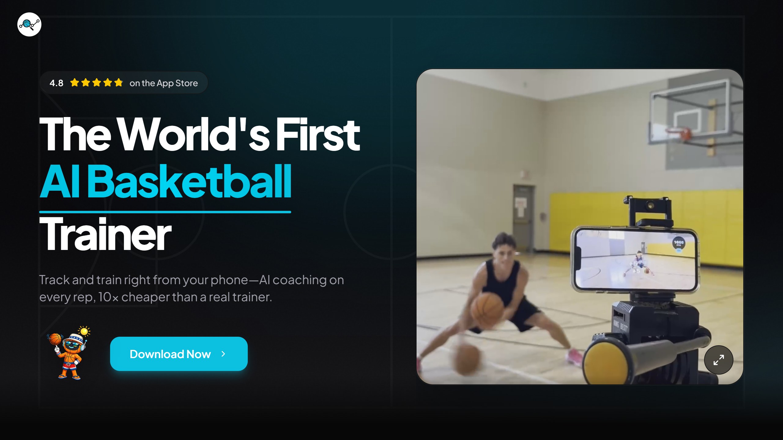 Ball AI homepage headline The World's First AI Basketball Trainer, with a player dribbling in front of a phone on a tripod and a 4.8 App Store rating