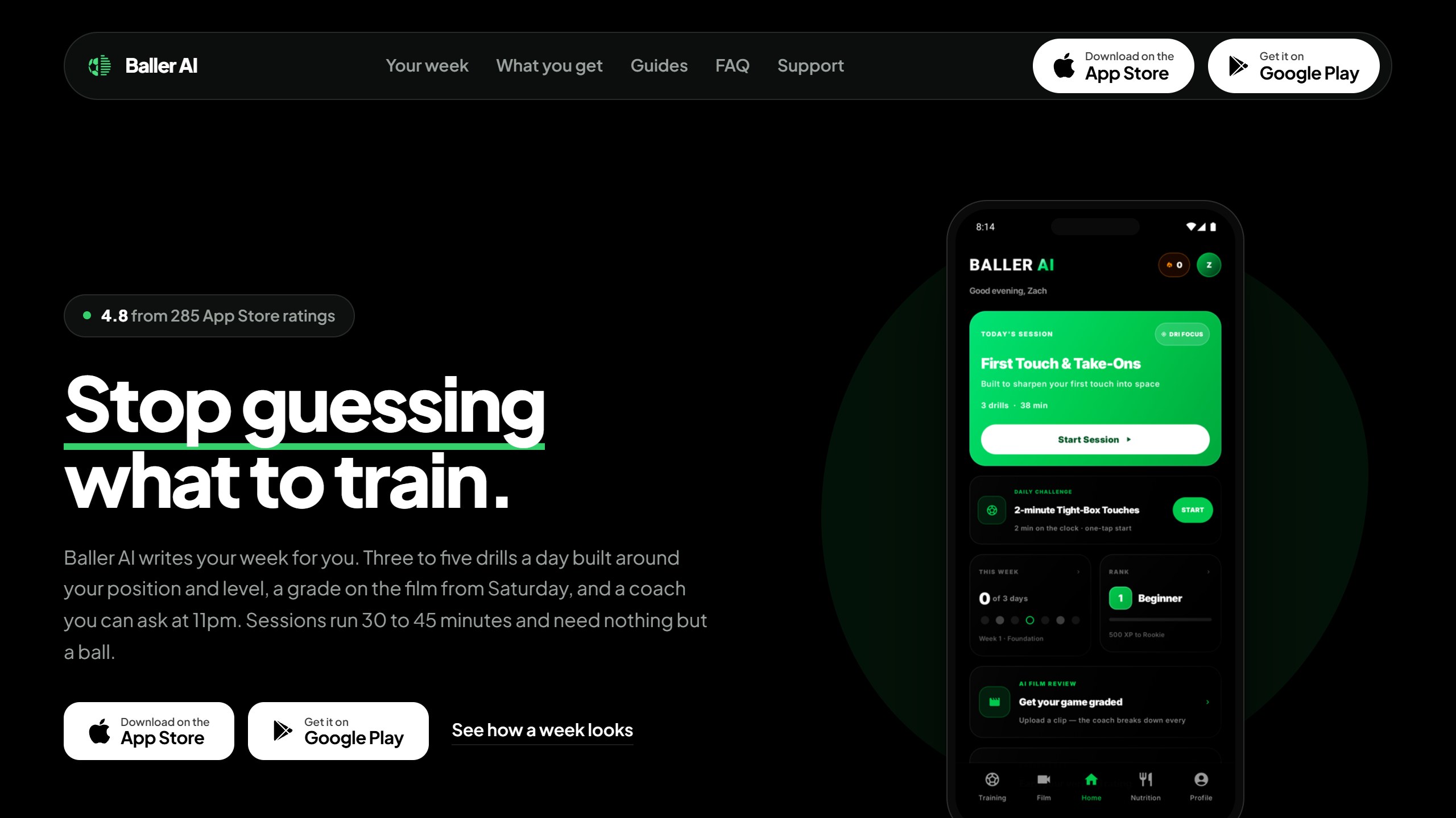 Baller AI homepage headline Stop guessing what to train, saying it writes your week, grades your film and has a coach you can ask, beside the app on a phone