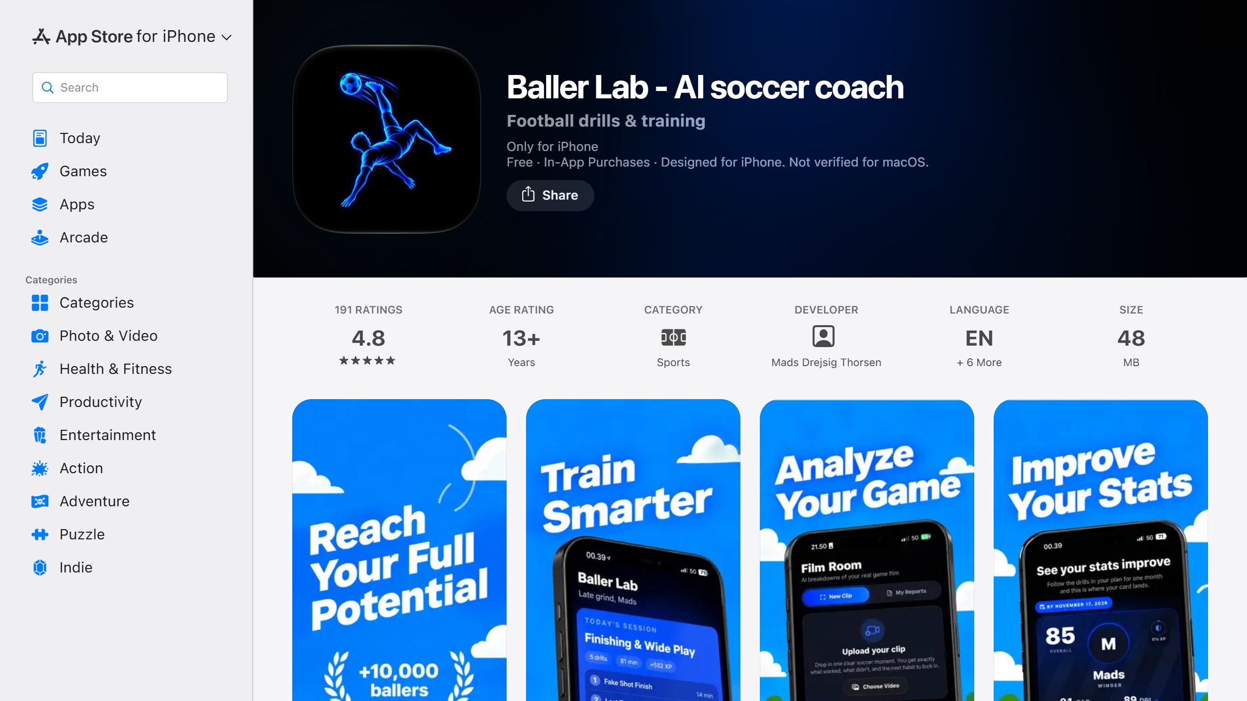 US App Store listing for Baller Lab, AI soccer coach, rated 4.8 from 191 ratings with a 13+ age rating, with screenshots of its training and clip analysis screens