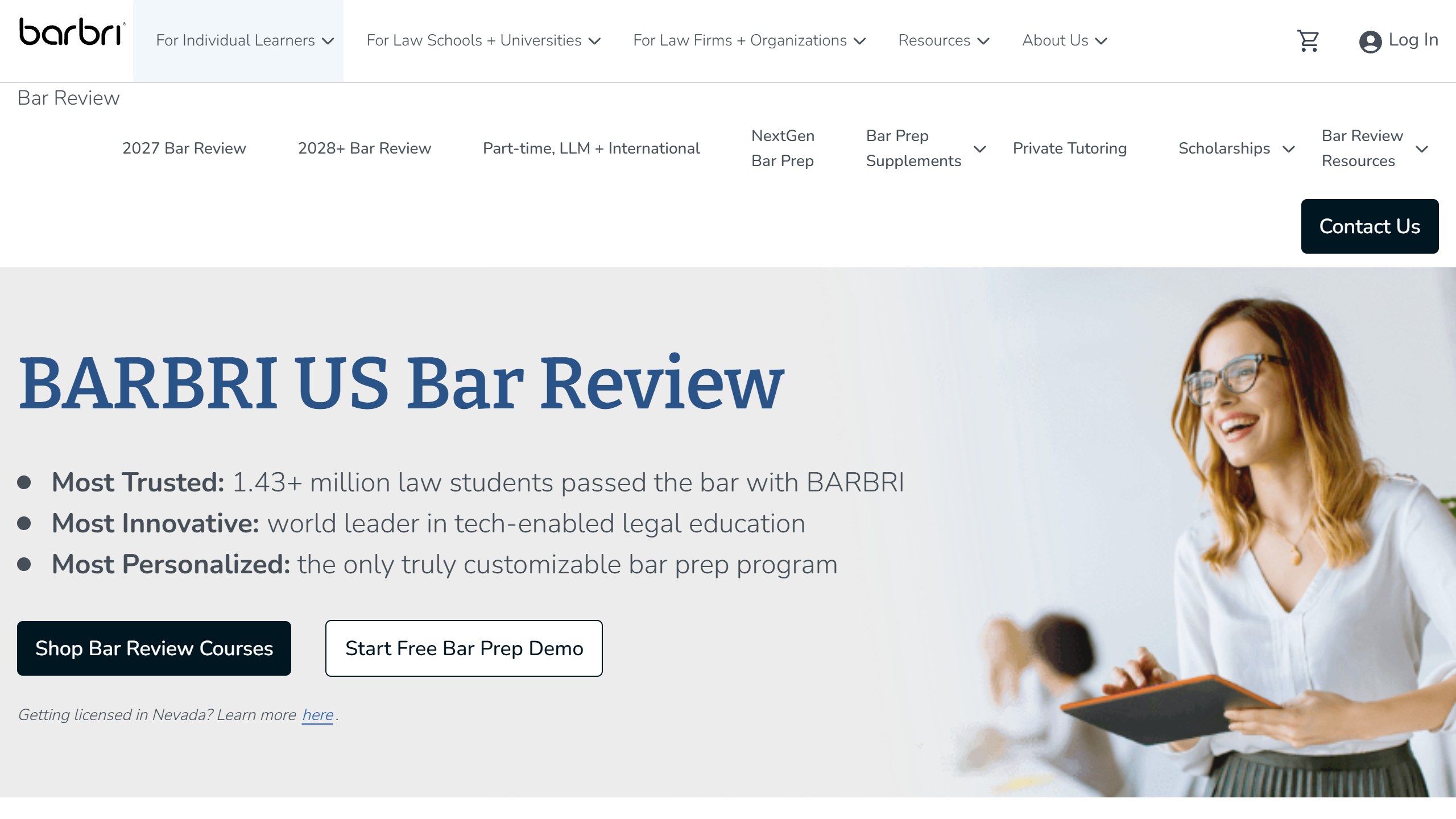 BARBRI US Bar Review page with claims of 1.43 plus million law students passing the bar, world leader in tech-enabled legal education, and Shop Bar Review Courses and Start Free Bar Prep Demo buttons