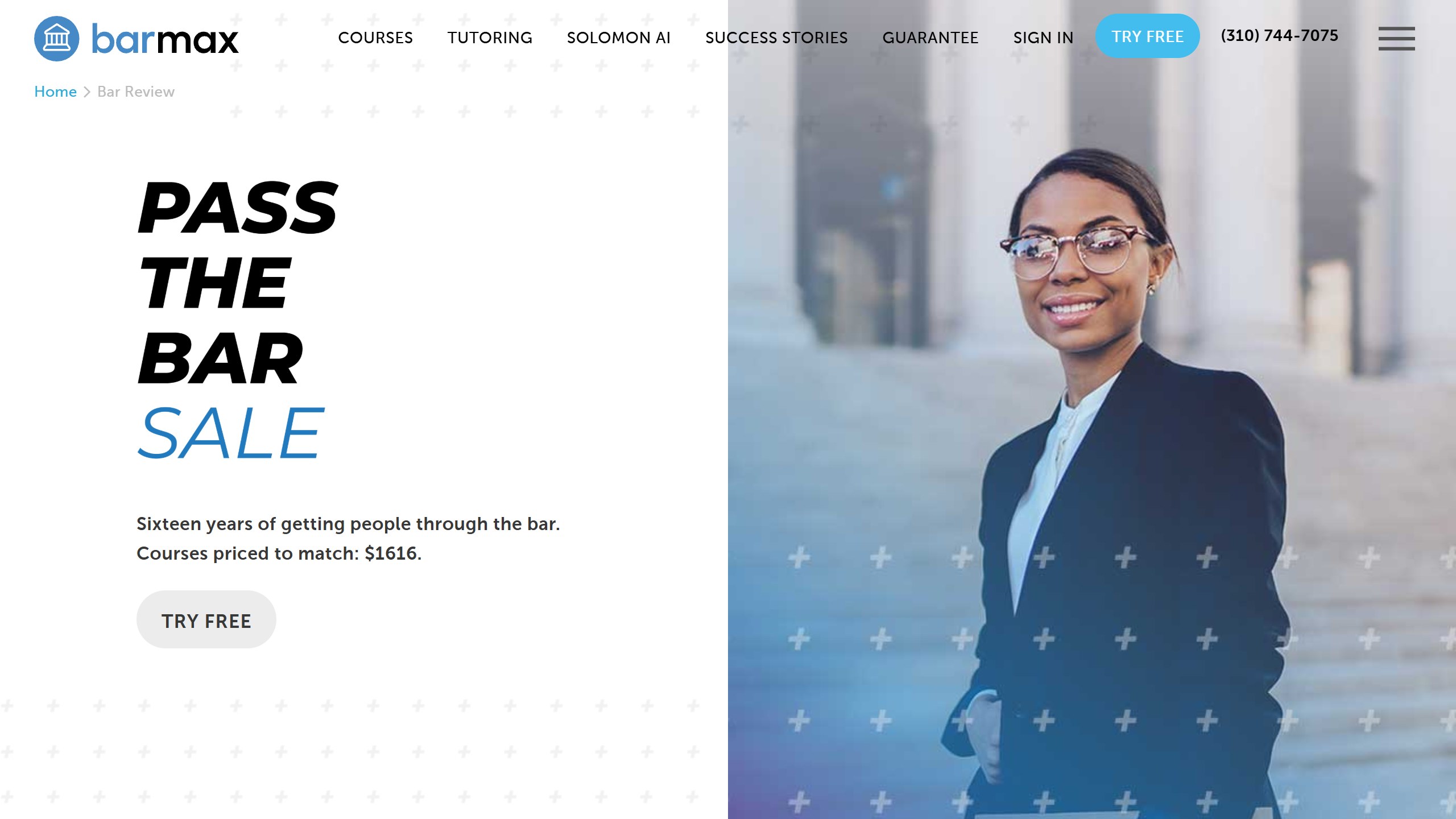 BarMax bar exam page headline Pass the Bar Sale, saying sixteen years of getting people through the bar with courses priced to match at 1616 dollars, and a Solomon AI link in the menu