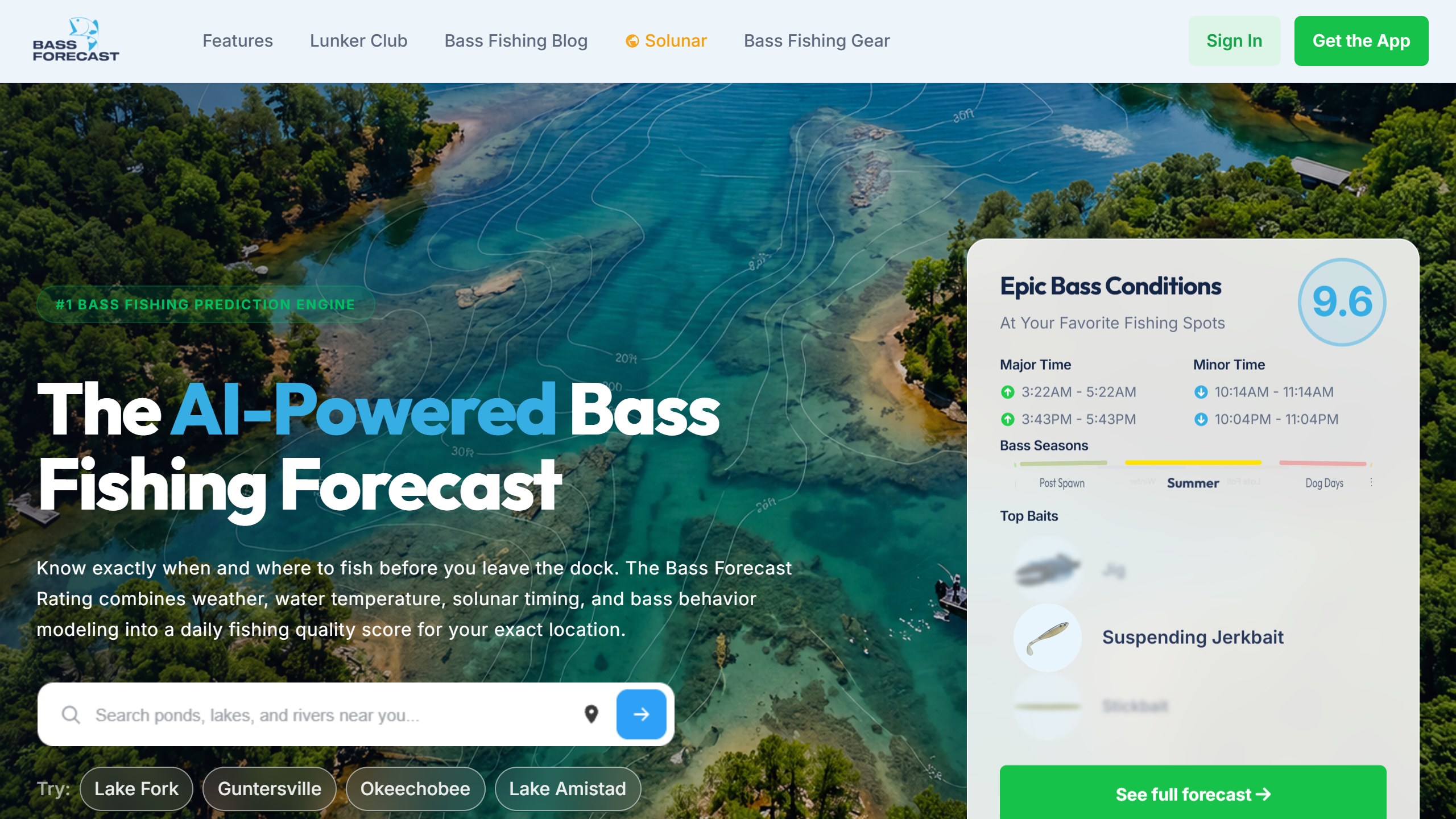 BassForecast homepage headline The AI-Powered Bass Fishing Forecast, beside a sample forecast card with a 9.6 rating, major and minor times and top baits