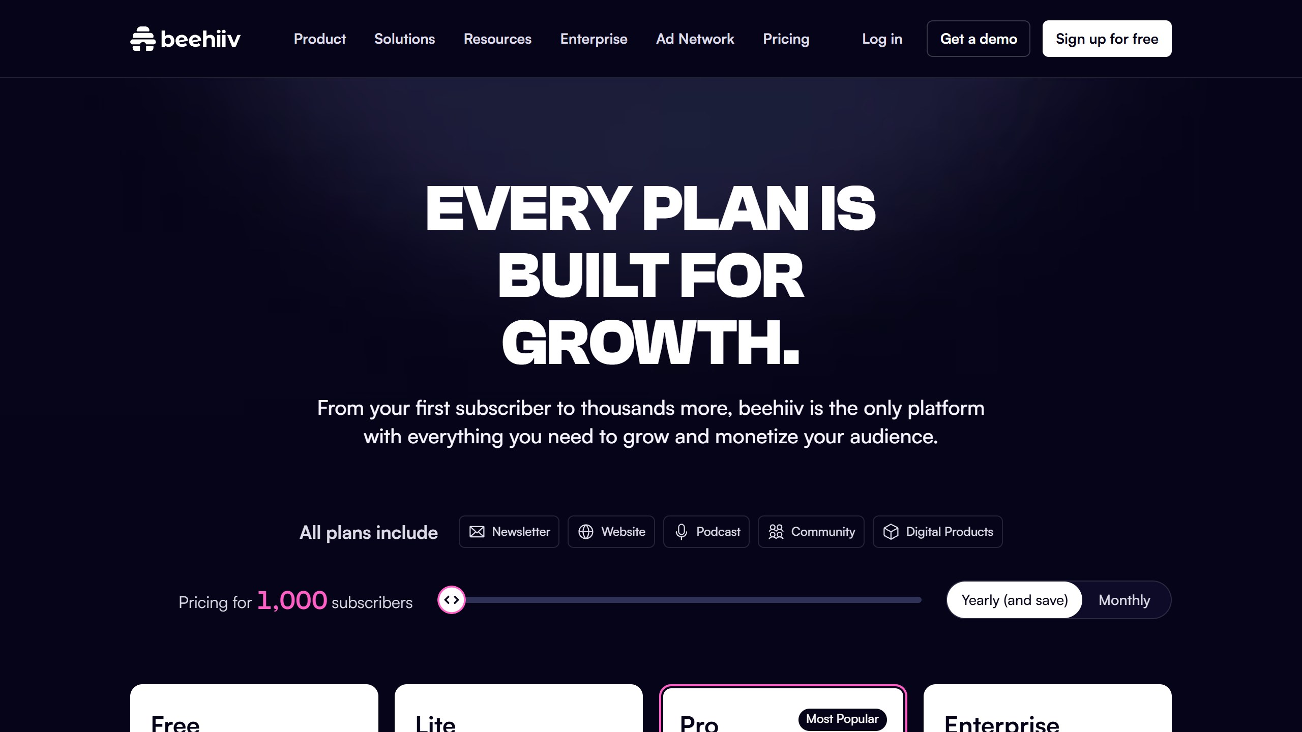 beehiiv pricing page headline Every plan is built for growth, listing newsletter, website, podcast, community and digital products on all plans, with a subscriber slider set to 1,000