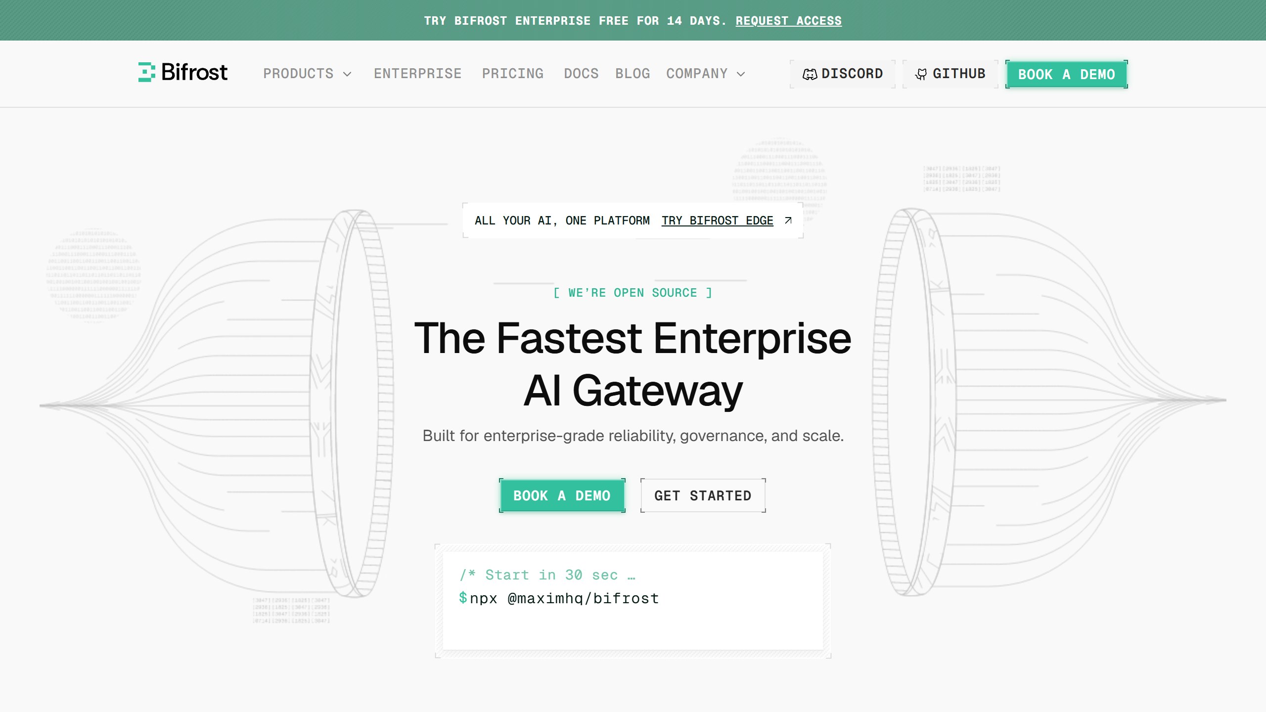 Bifrost homepage headline The Fastest Enterprise AI Gateway, labelled We are open source, with an npx install command and a banner offering Bifrost Enterprise free for 14 days