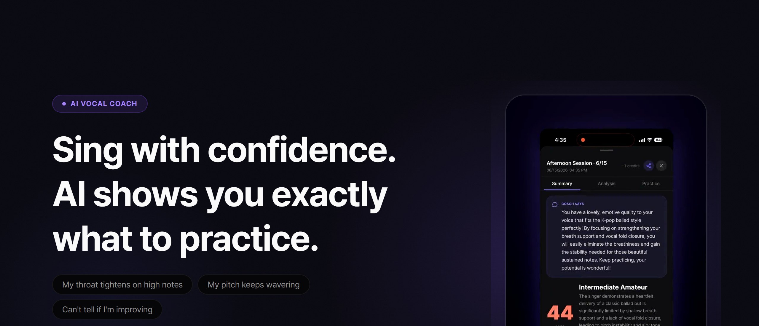 Bloom Vocal homepage headline Sing with confidence, AI shows you exactly what to practice, beside a phone showing a sample session with a coach summary and a score of 44 out of 100