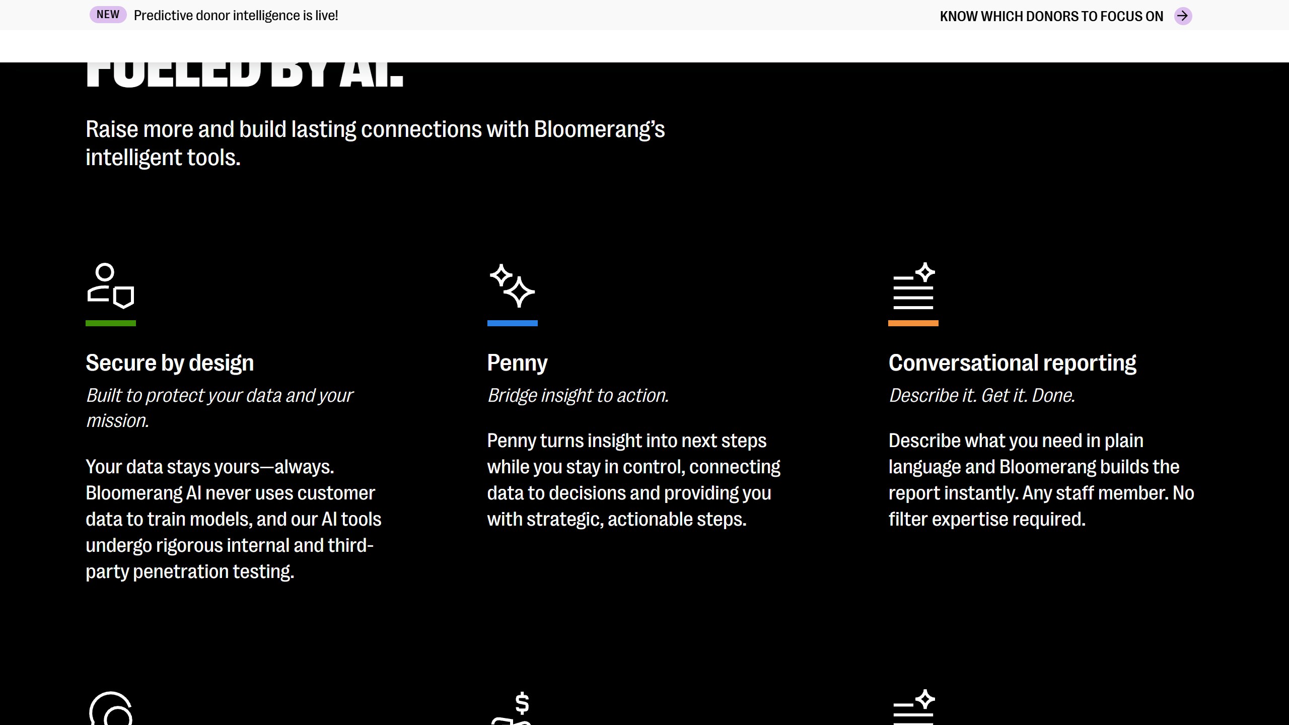 Bloomerang AI page describing Penny, an assistant that turns insight into next steps, conversational reporting, and a statement that Bloomerang AI never uses customer data to train models