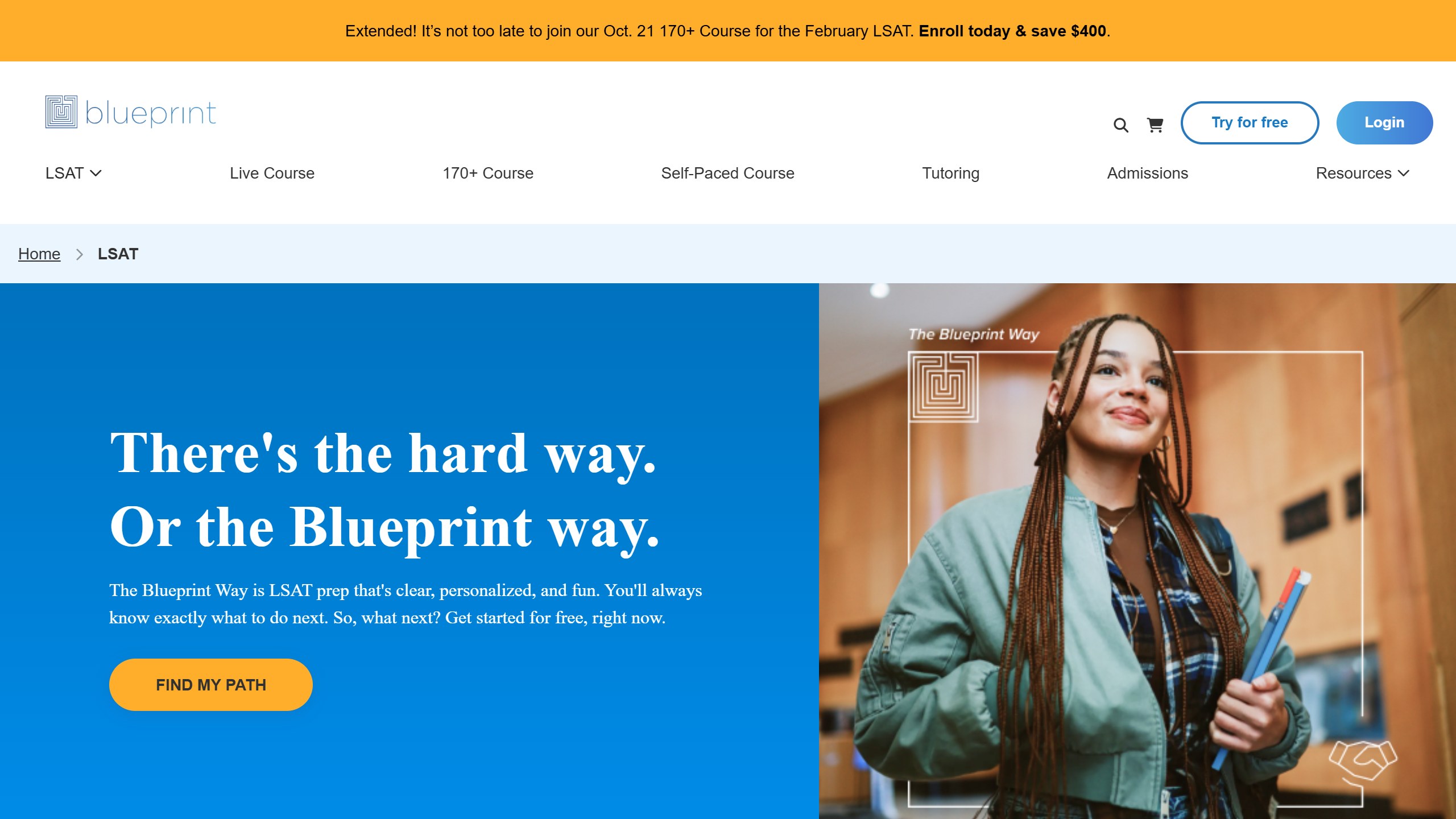 Blueprint LSAT page headline There's the hard way. Or the Blueprint way., with a Find my path button and a banner about its 170+ Course for the February LSAT