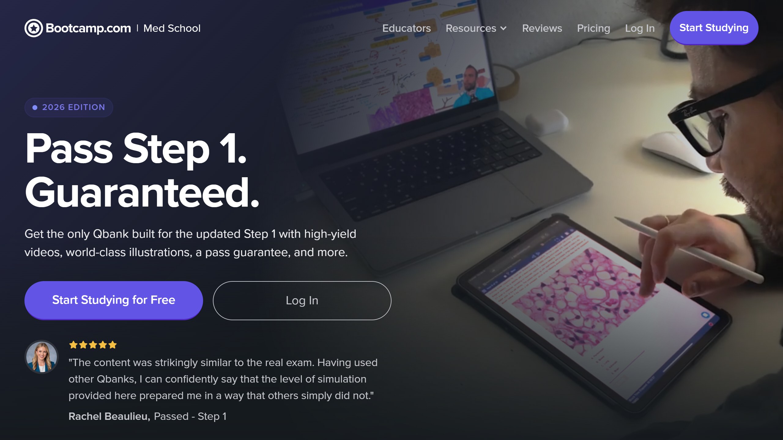 Bootcamp.com Med School homepage headline Pass Step 1. Guaranteed, with a 2026 Edition badge and a line about a Qbank built for the updated Step 1 with a pass guarantee