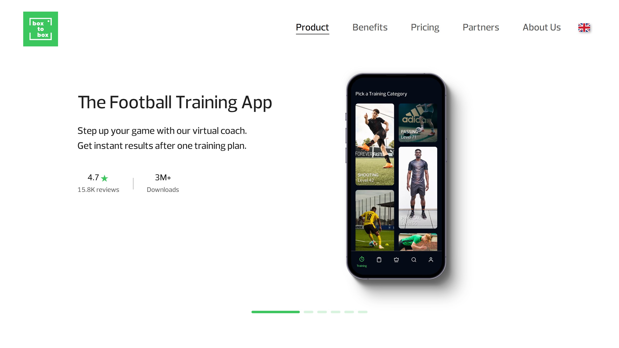 box-to-box homepage headline The Football Training App, saying step up your game with our virtual coach, beside a phone showing training categories