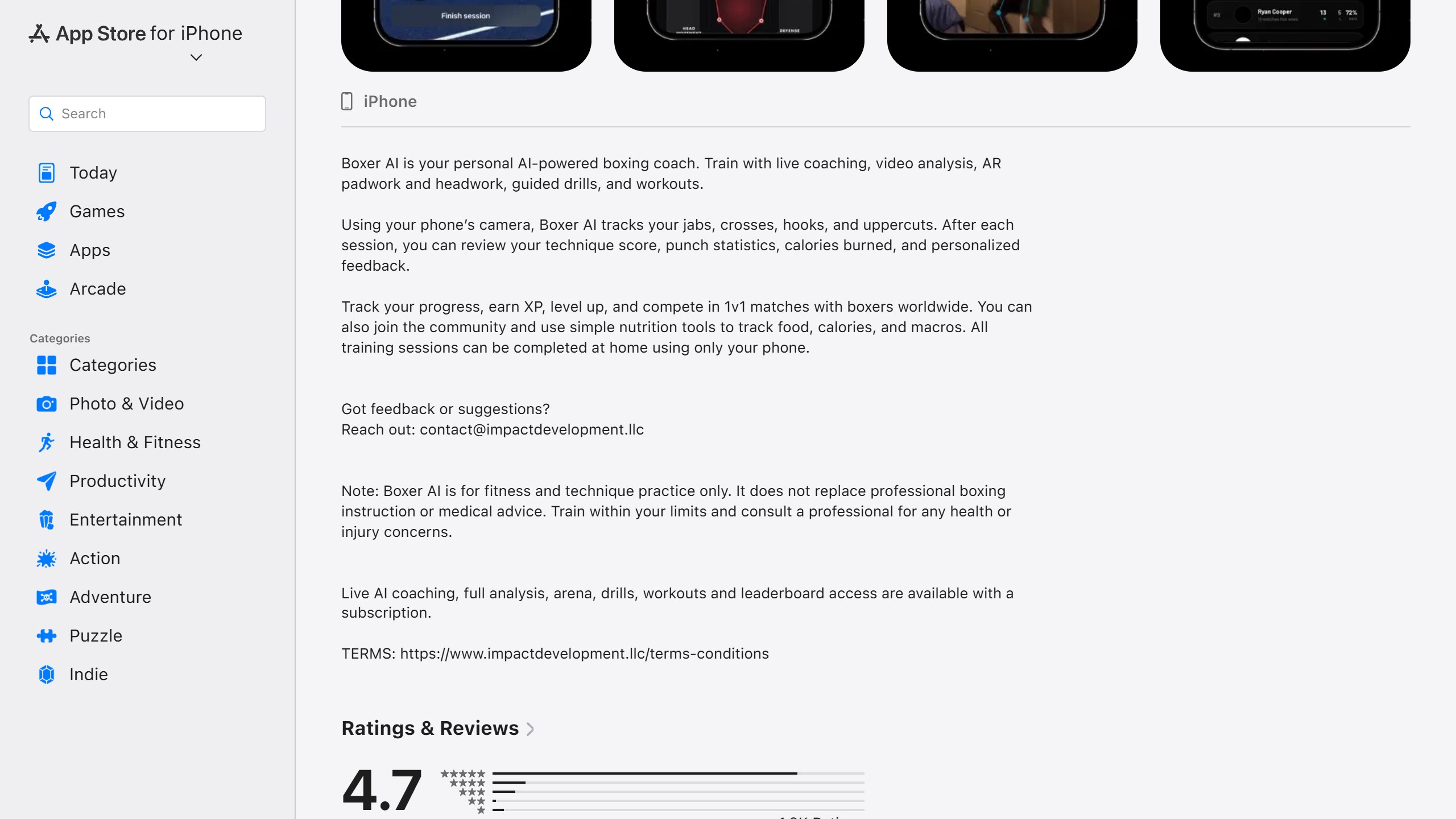 Boxer AI US App Store description saying it uses the phone camera to track jabs, crosses, hooks and uppercuts, with a 4.7 rating