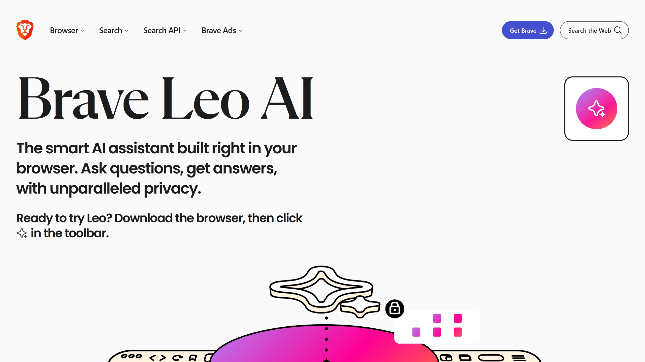 Brave Leo AI page headline The smart AI assistant built right in your browser, with the line ask questions, get answers, with unparalleled privacy