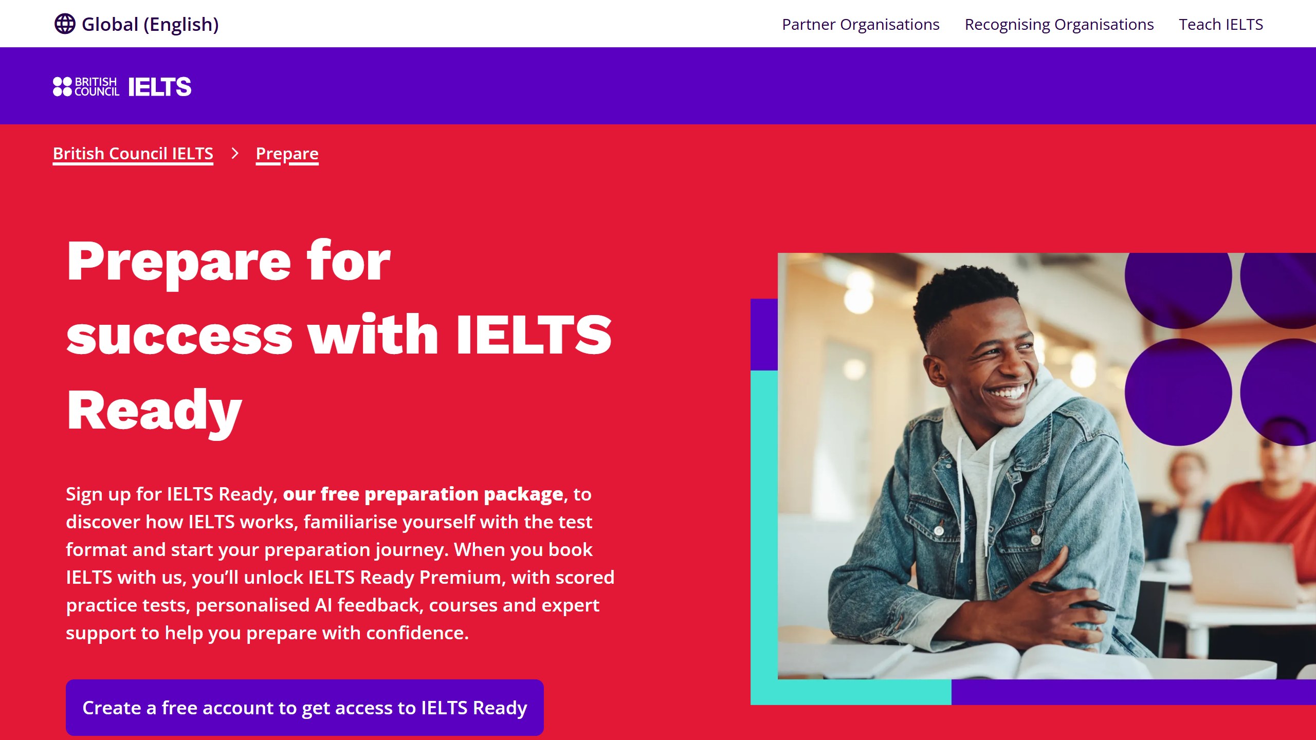 British Council IELTS Ready page headline Prepare for success with IELTS Ready, describing a free preparation package and IELTS Ready Premium with personalised AI feedback when you book IELTS